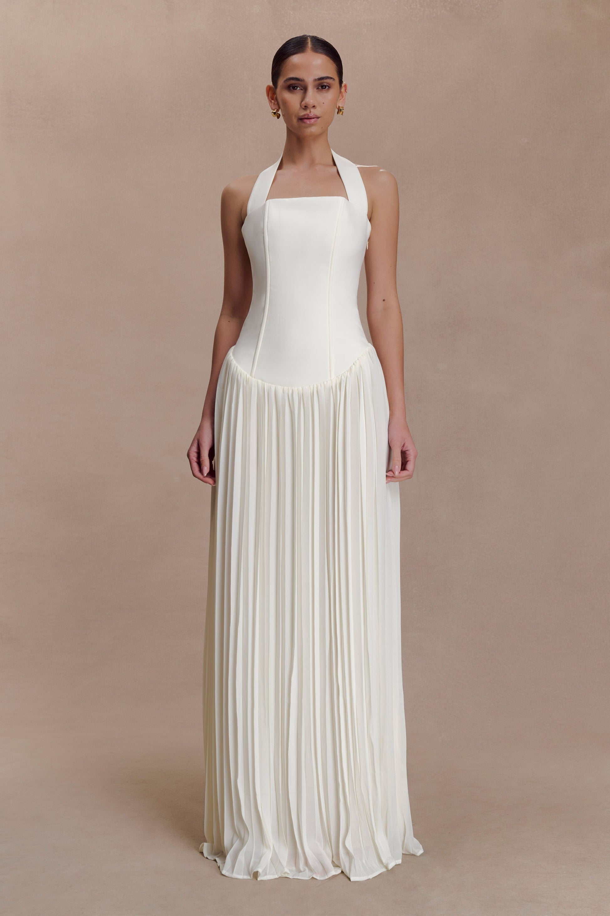 Stacie Pleated Halter Maxi Dress / Ivory | MESHKI | M Stacie Pleated Halter Maxi Dress / Ivory | MESHKI | M