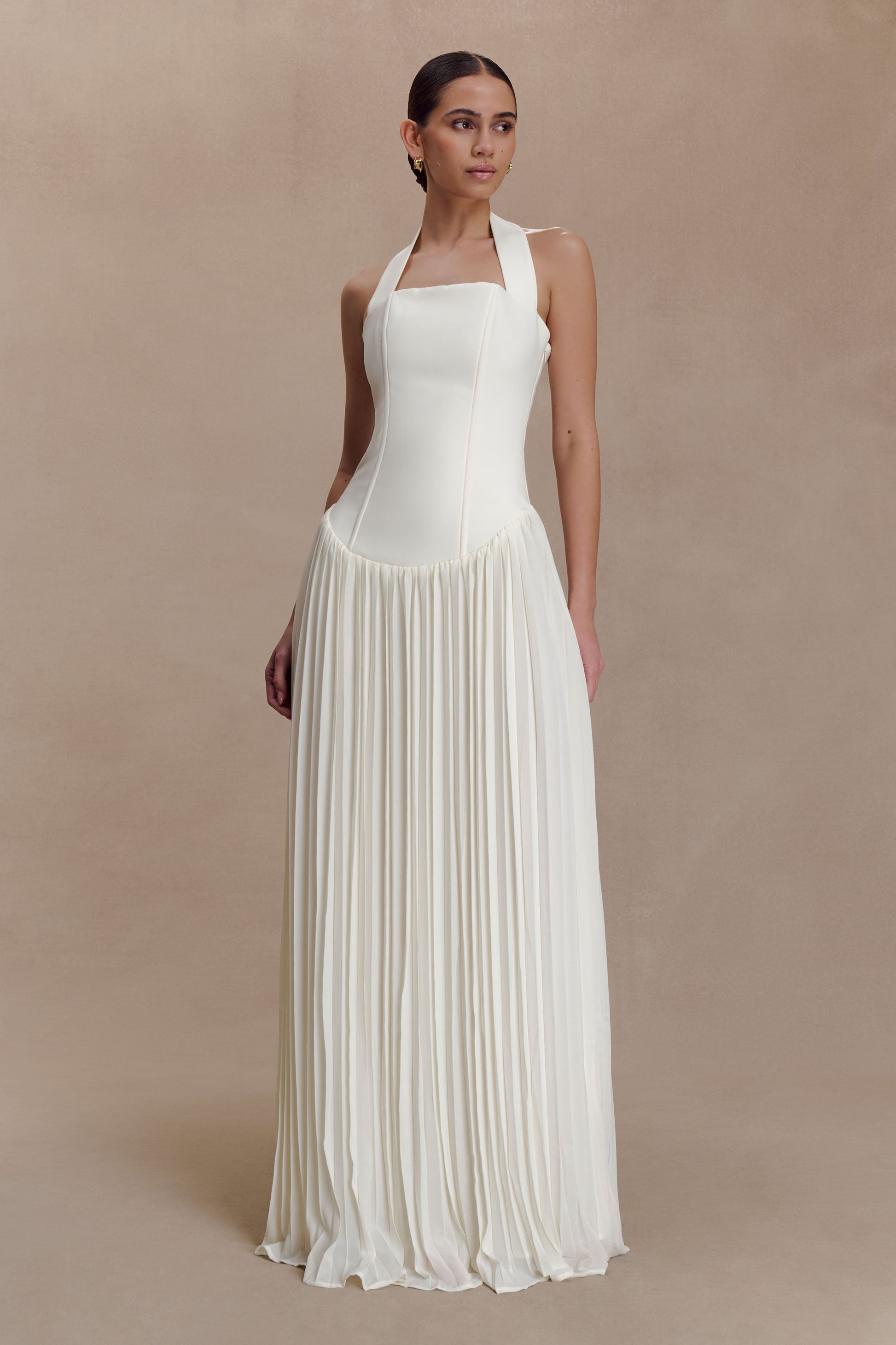 pleated white halter dress Sofia Halter Satin Pleated Gown | Made-To-Order