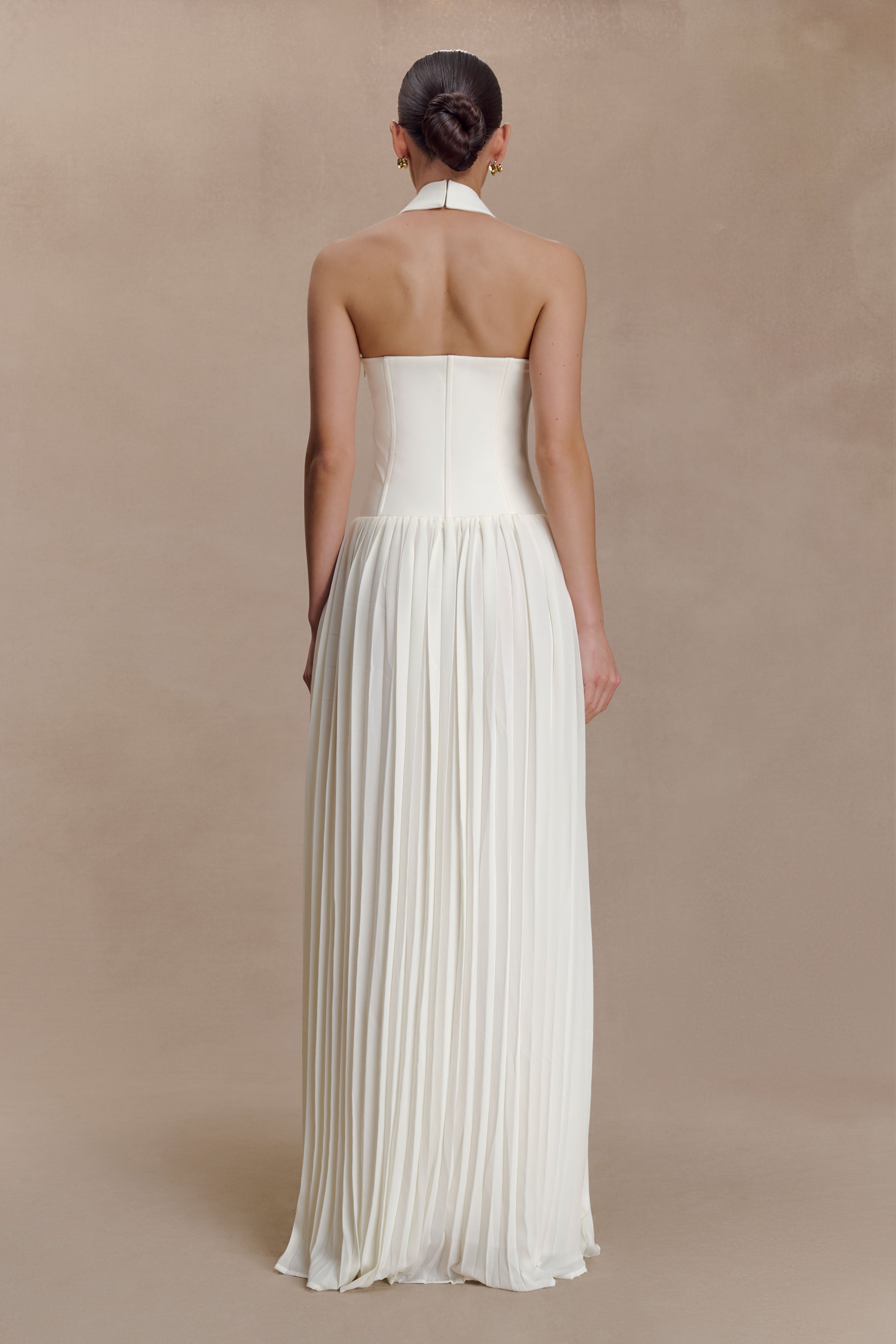 Stacie Pleated Halter Maxi Dress - Ivory | MESHKI US
