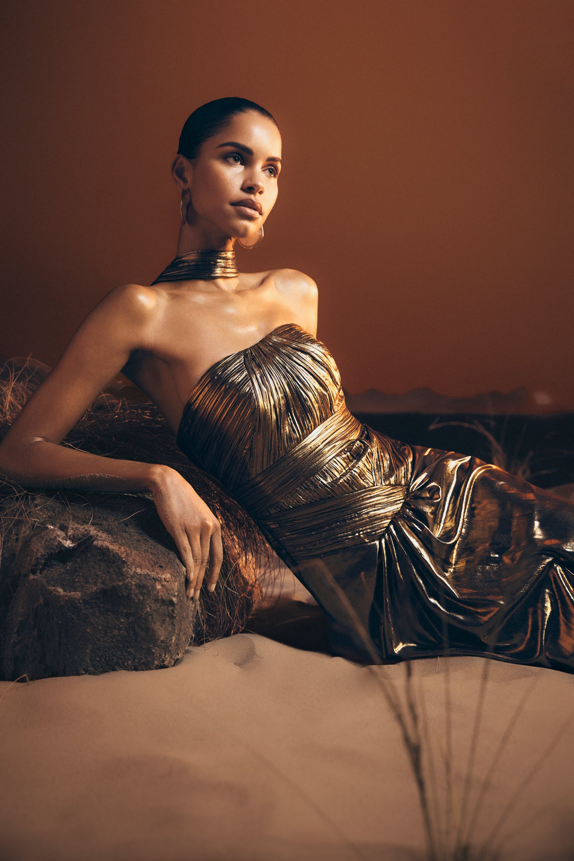 Clemence Plisse Maxi Dress / Gold | MESHKI