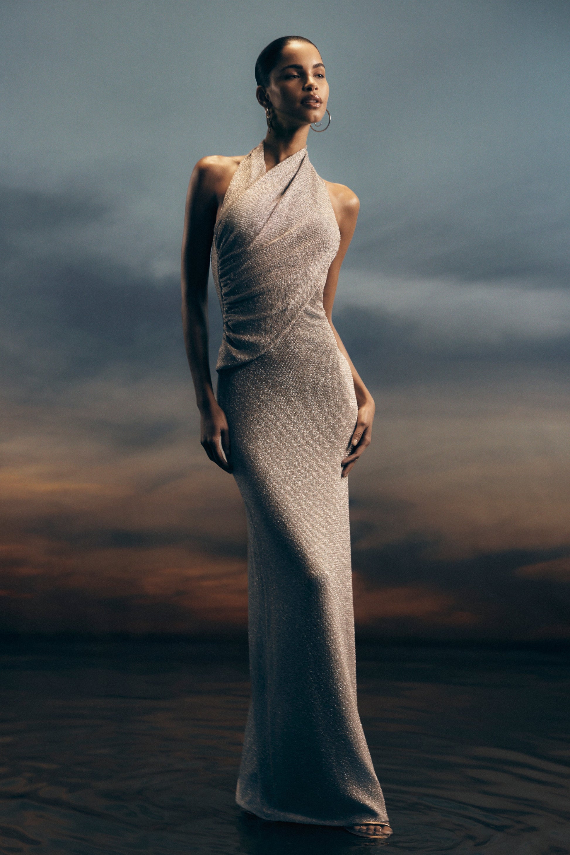 Elma Lurex Knit Halter Maxi Dress / Silver | MESHKI | XXS Elma Lurex Knit Halter Maxi Dress / Silver | MESHKI | XXS