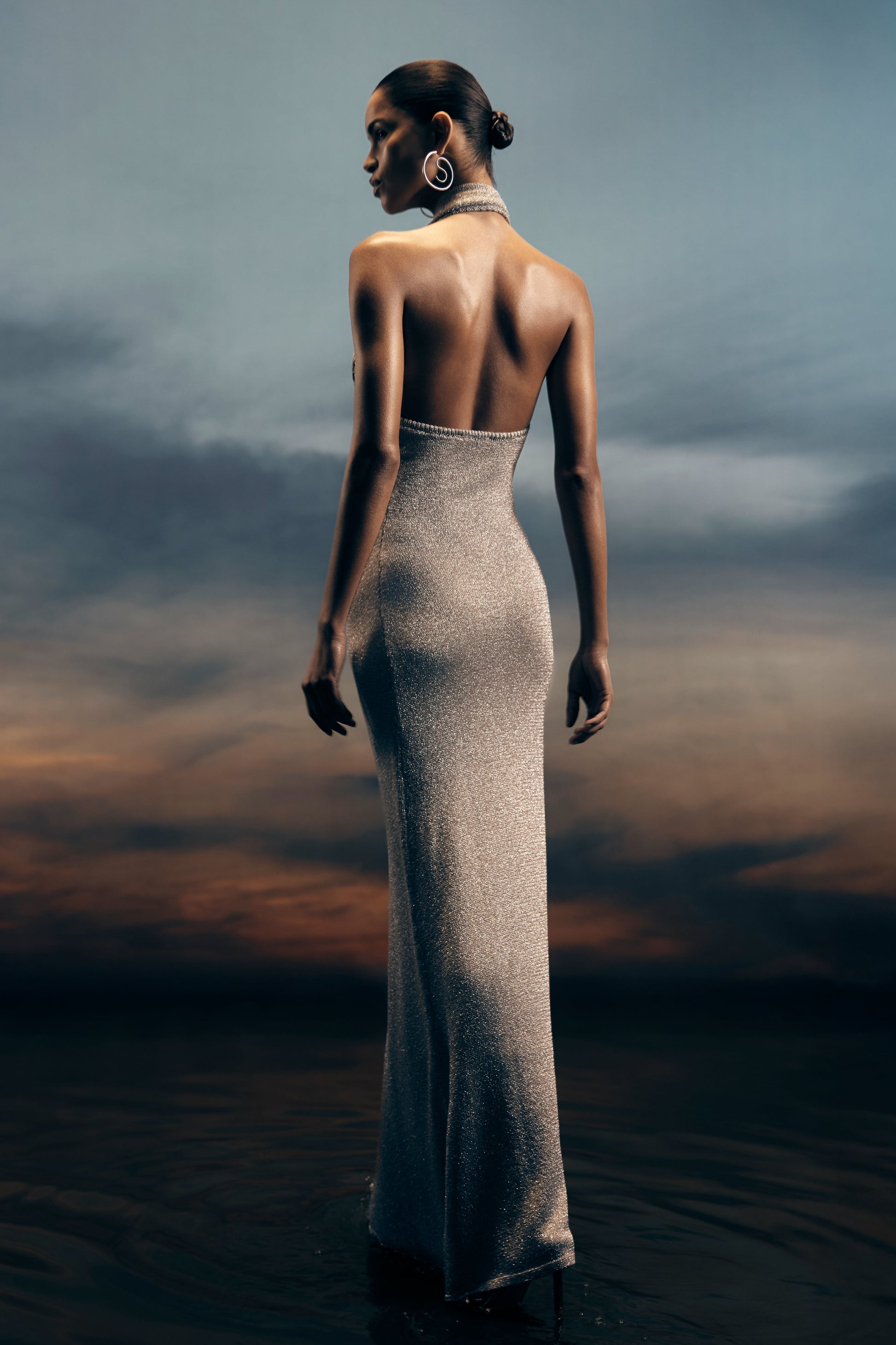 Elma Lurex Knit Halter Maxi Dress / Silver | MESHKI