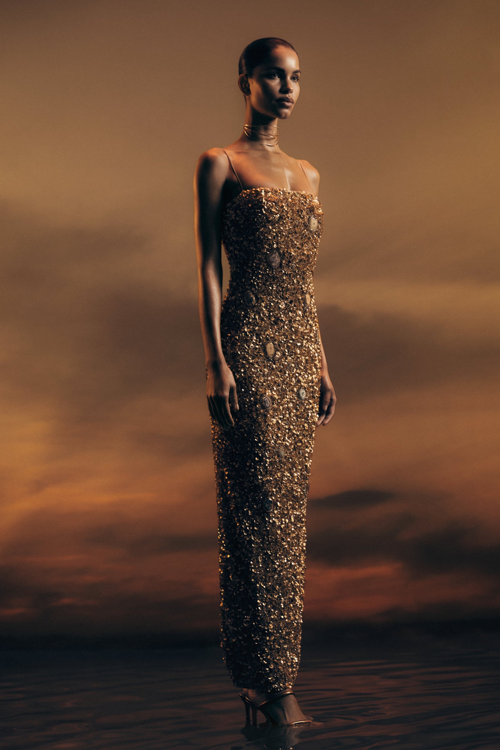 Porter Hand Beaded Midi Dress / Gold | MESHKI