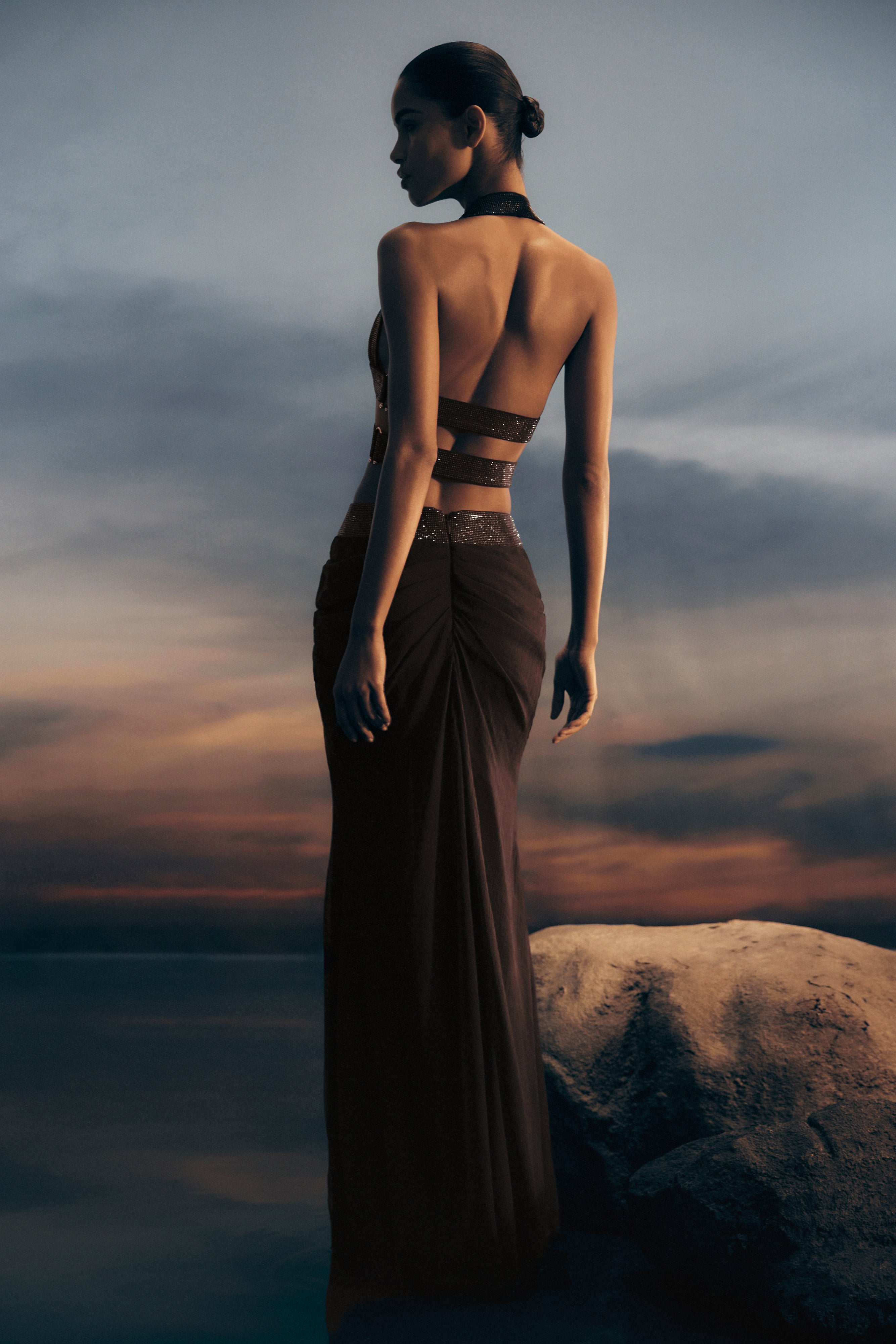 Siren Satin And Diamante Maxi Skirt - Dark Chocolate | MESHKI US