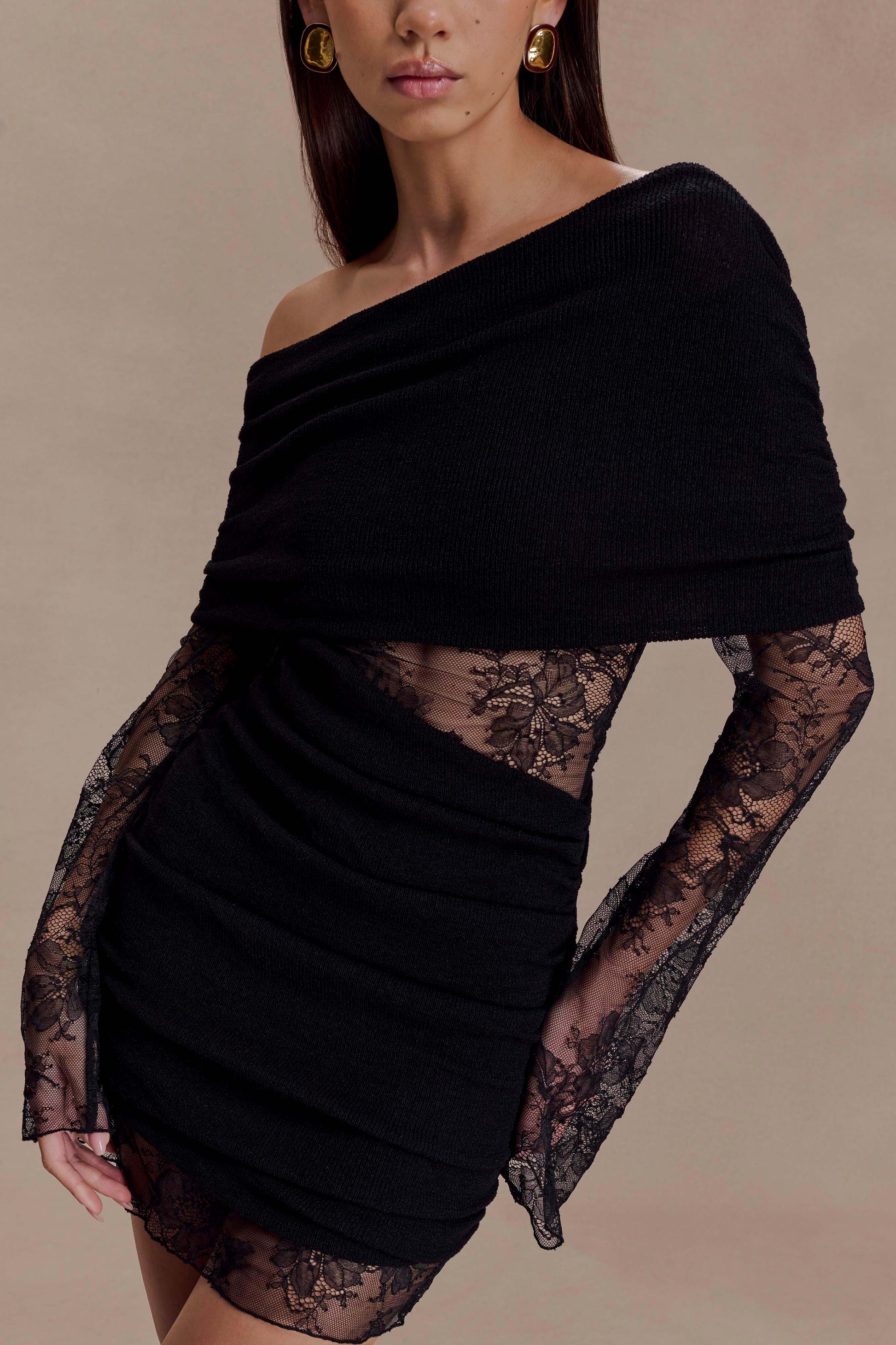 Luxie Lace Knit Mini Dress / Black | MESHKI