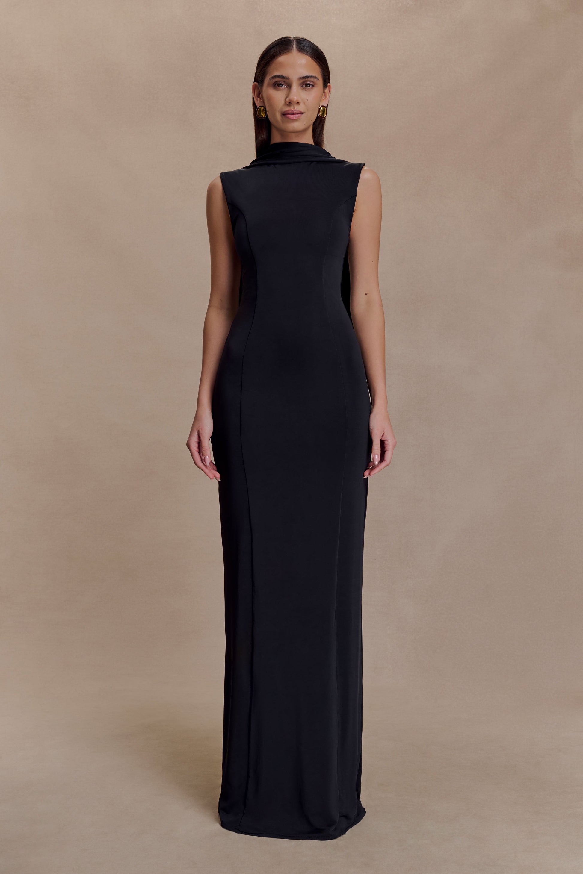 Wisteria Slinky Maxi Dress With Scarf / Black | MESHKI