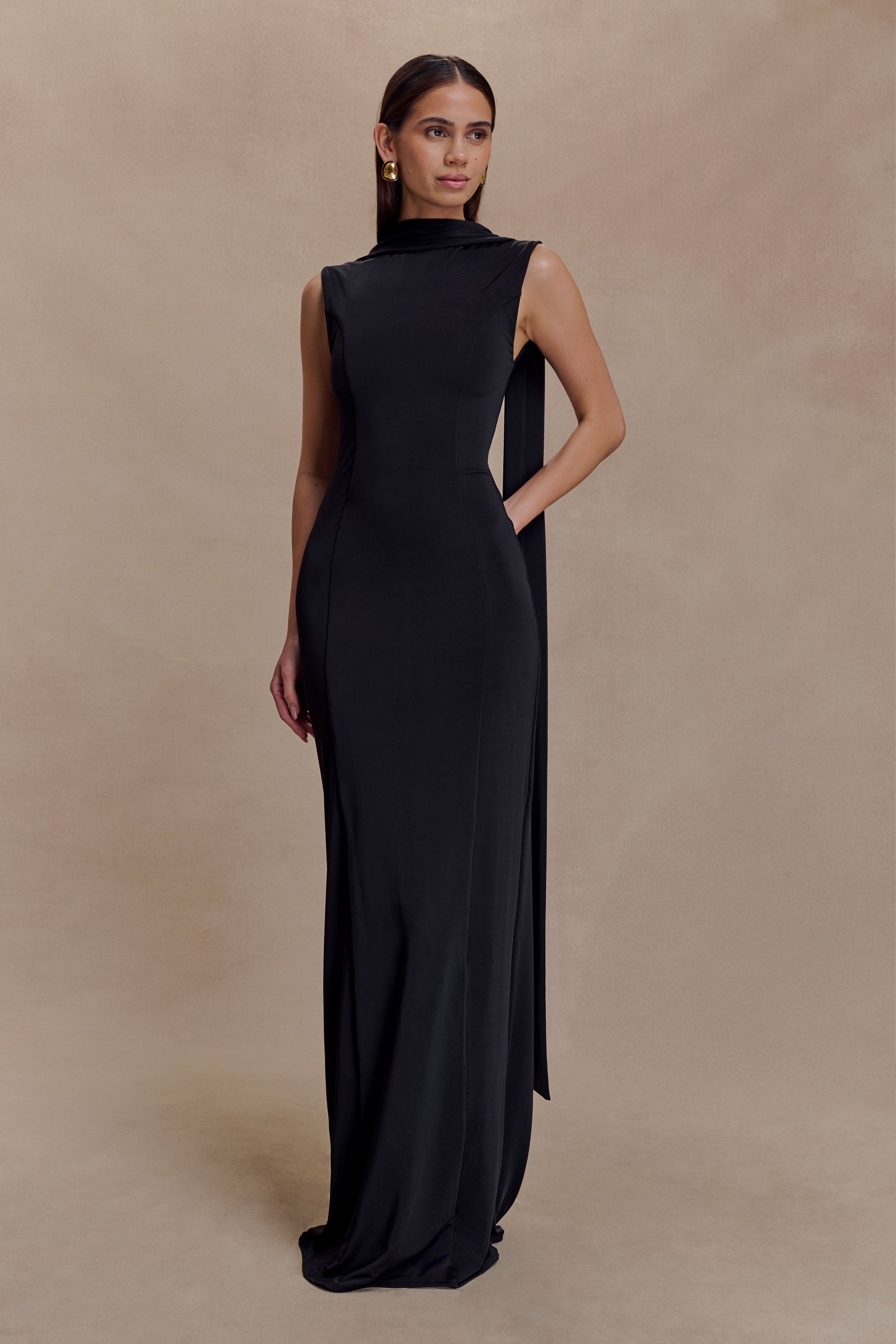 Wisteria Slinky Maxi Dress With Scarf / Black | MESHKI