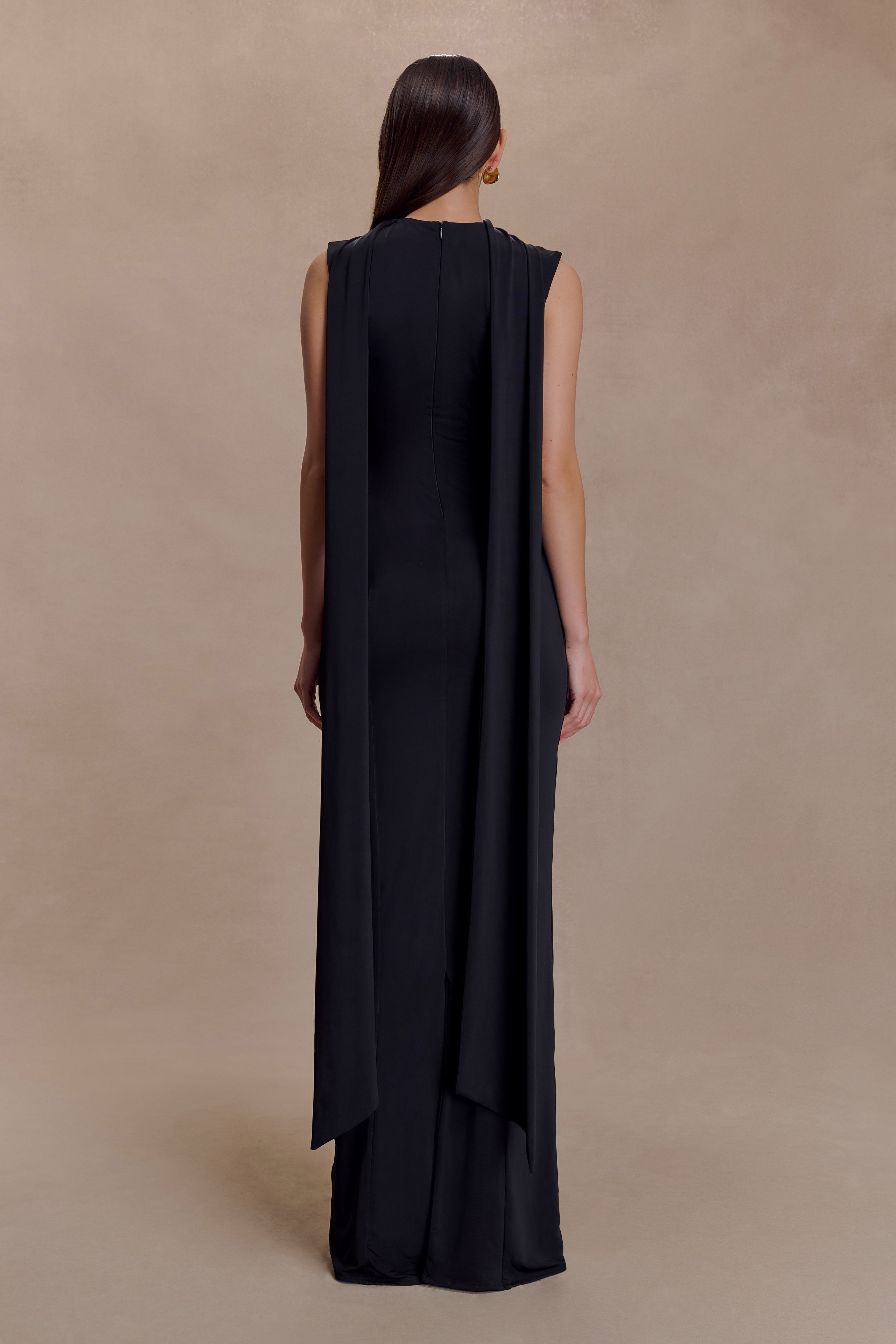 Wisteria Slinky Maxi Dress With Scarf - Black | MESHKI US