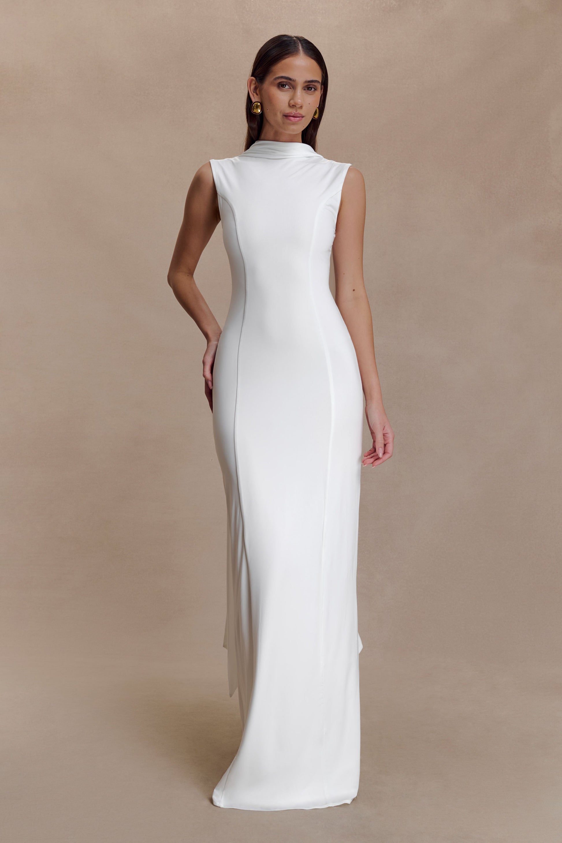 Wisteria Slinky Maxi Dress With Scarf / White | MESHKI