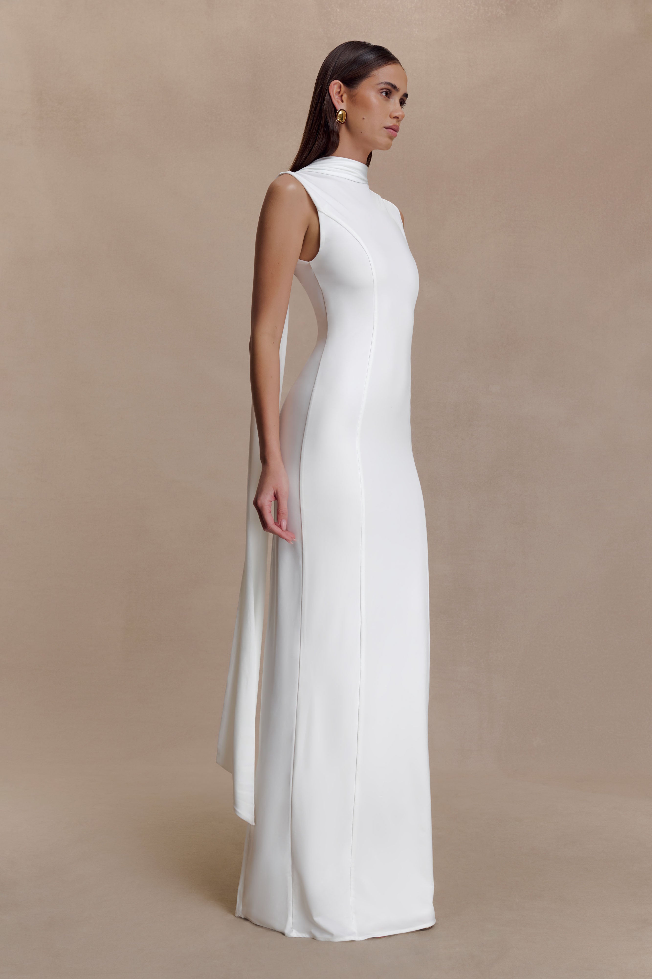 Wisteria Slinky Maxi Dress With Scarf - White | MESHKI US