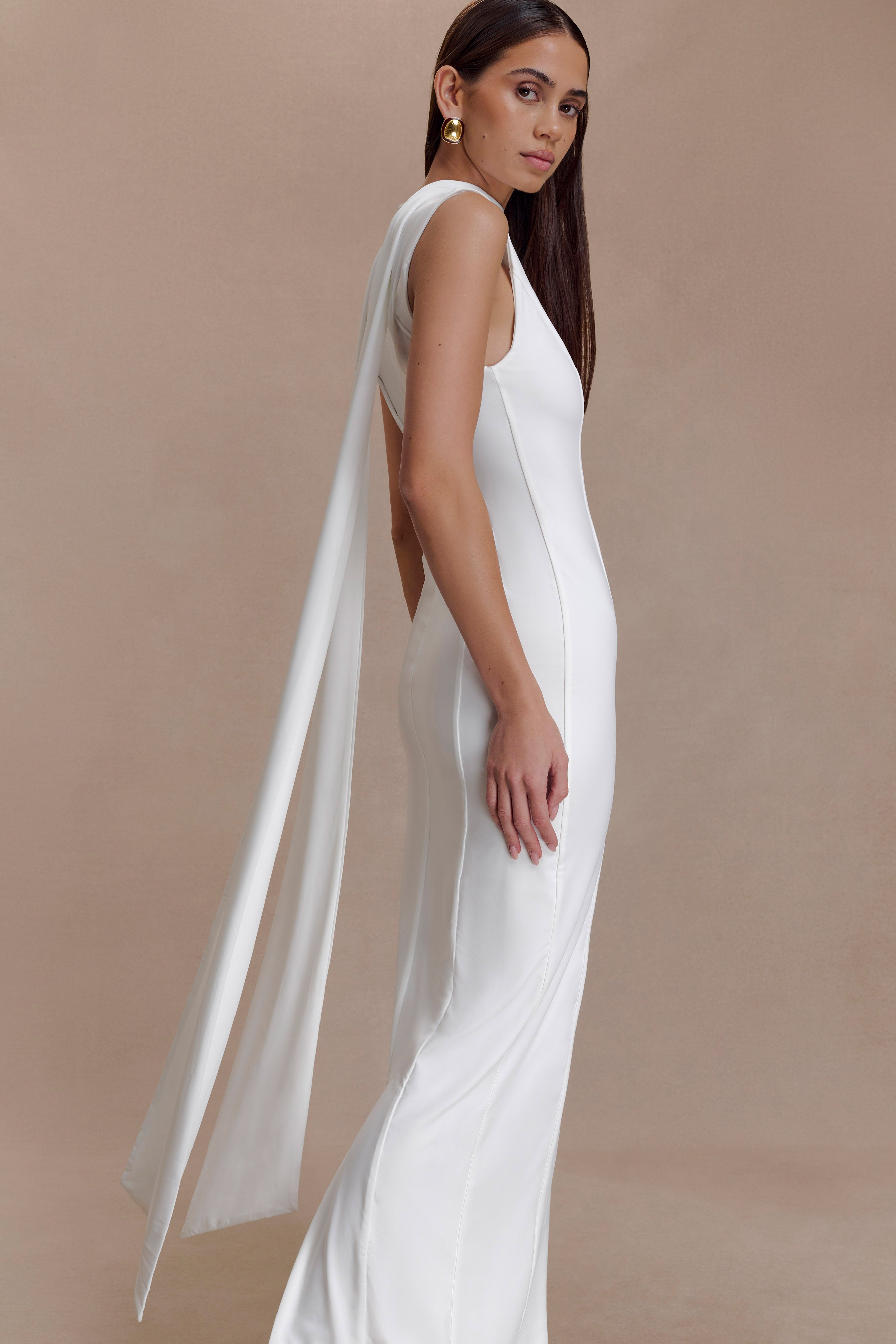 Wisteria Slinky Maxi Dress With Scarf - White | MESHKI US