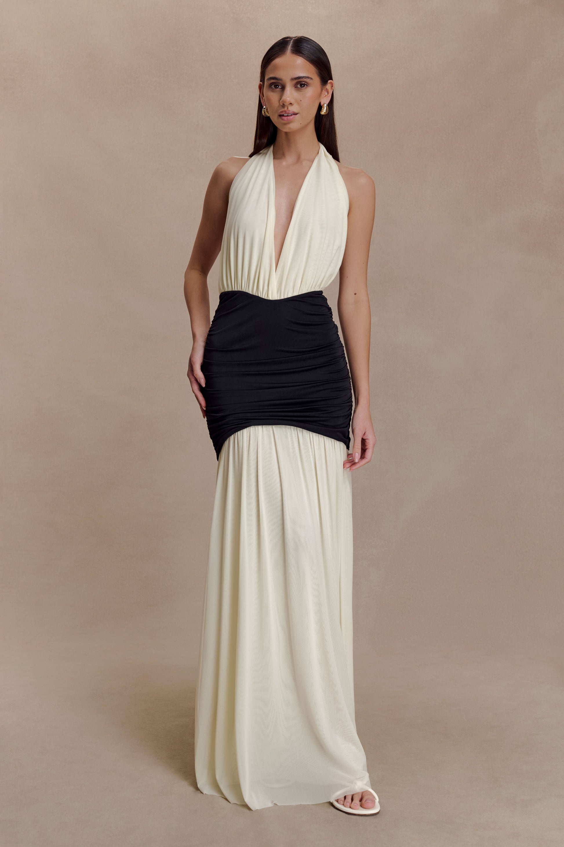 Hailee Slinky And Mesh Halter Maxi Dress - Black/White #3