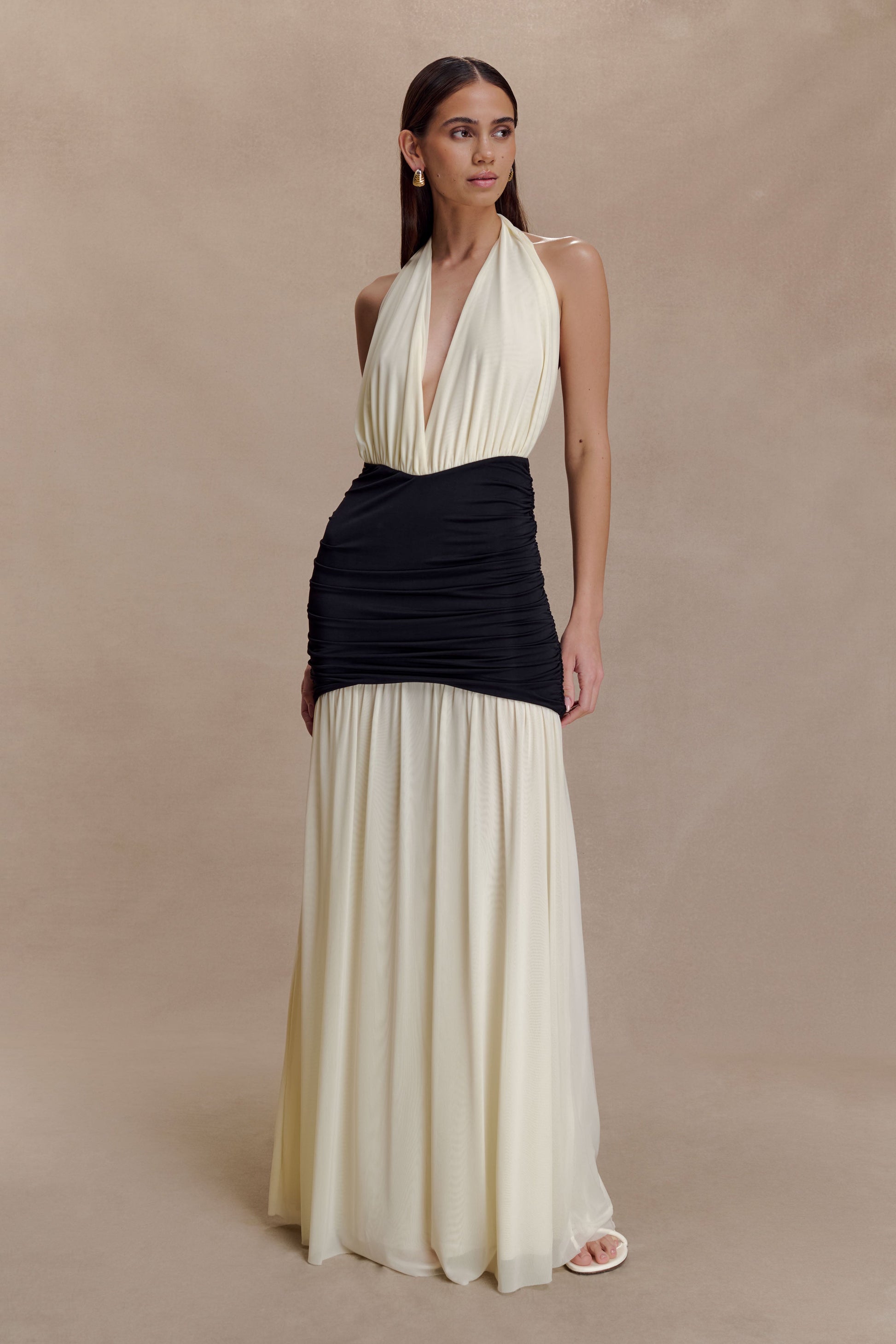 Hailee Slinky And Mesh Halter Maxi Dress - Black/White #7