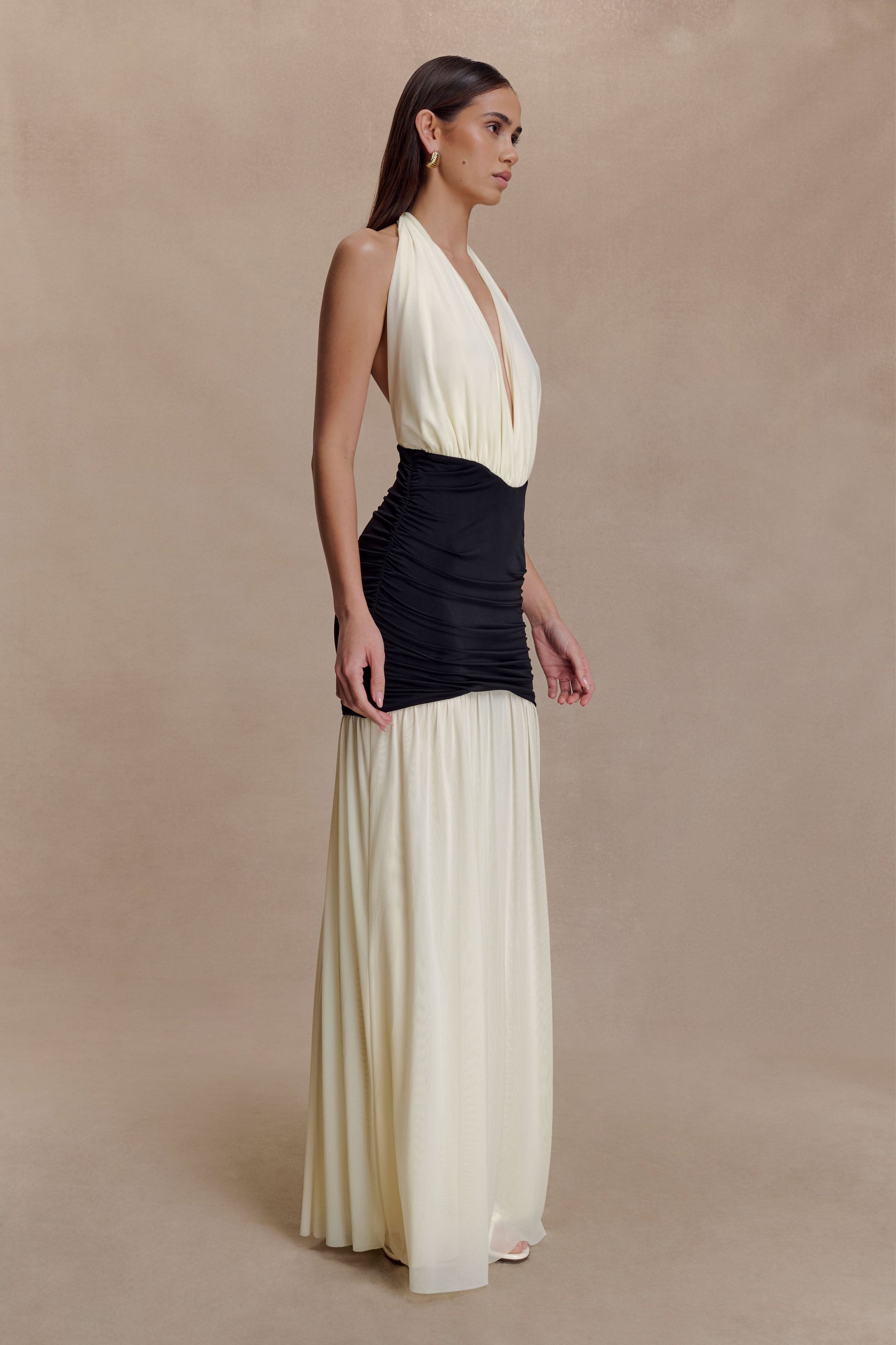 Hailee Slinky And Mesh Halter Maxi Dress - Black/White | MESHKI US Hailee Slinky And Mesh Halter Maxi Dress - Black/White | MESHKI US