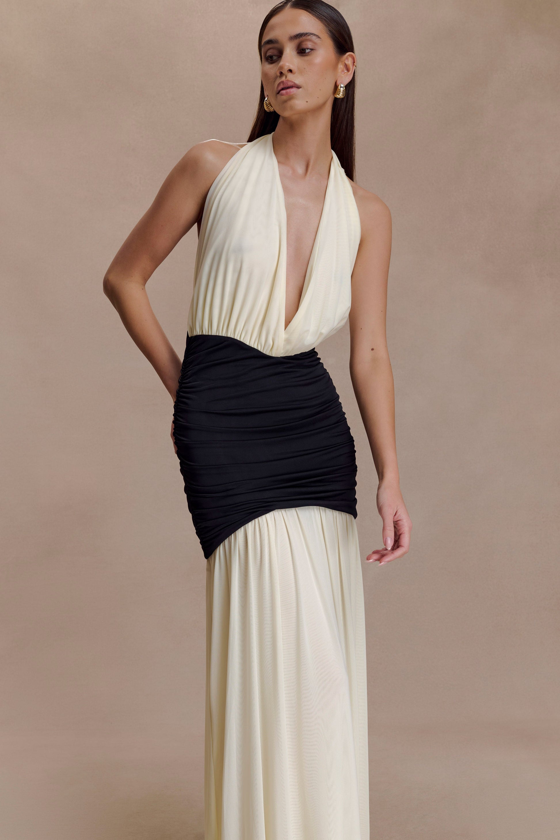 Hailee Slinky And Mesh Halter Maxi Dress - Black/White #5