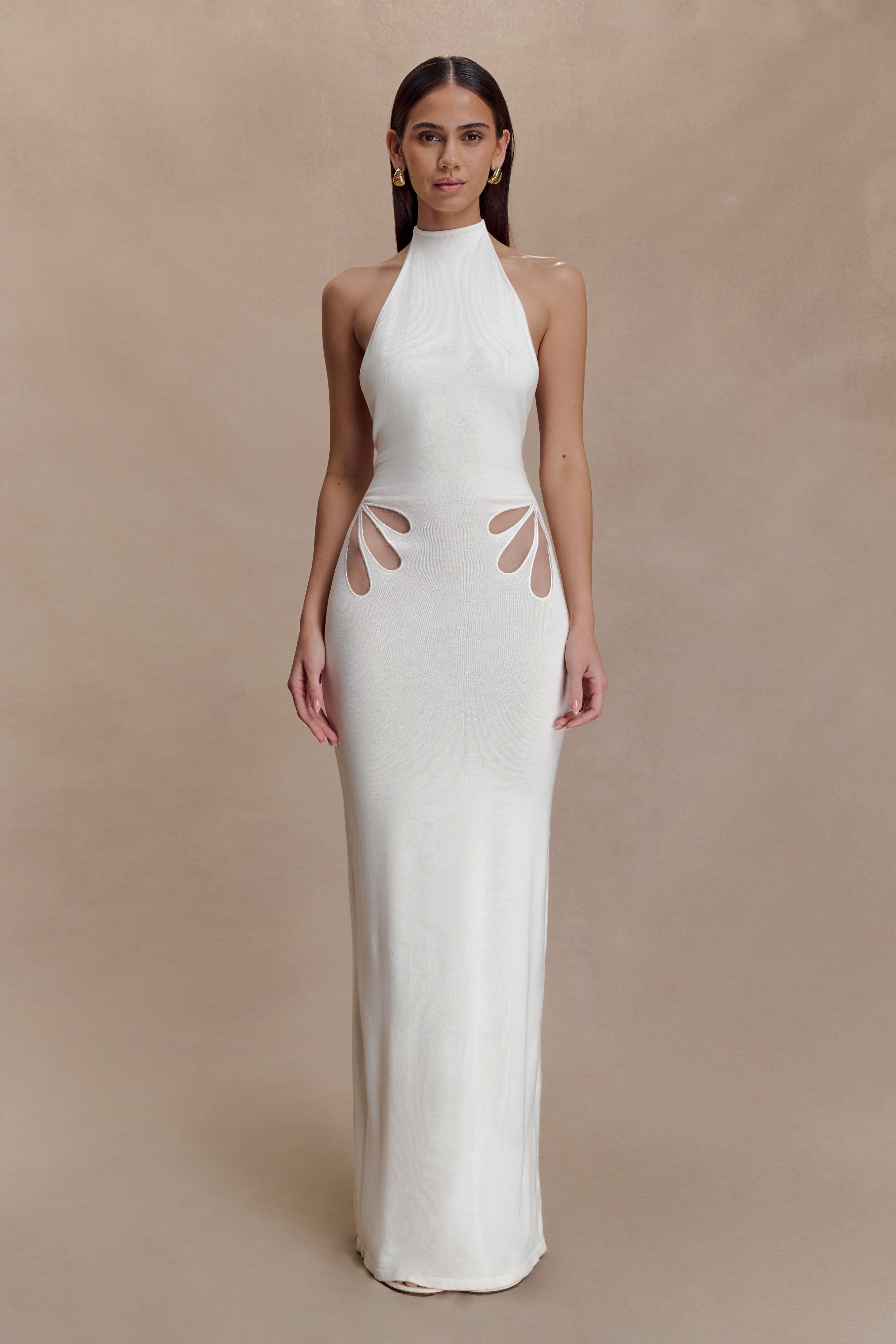 high neck white dress maxi Brock Knit Halter Maxi Dress - White