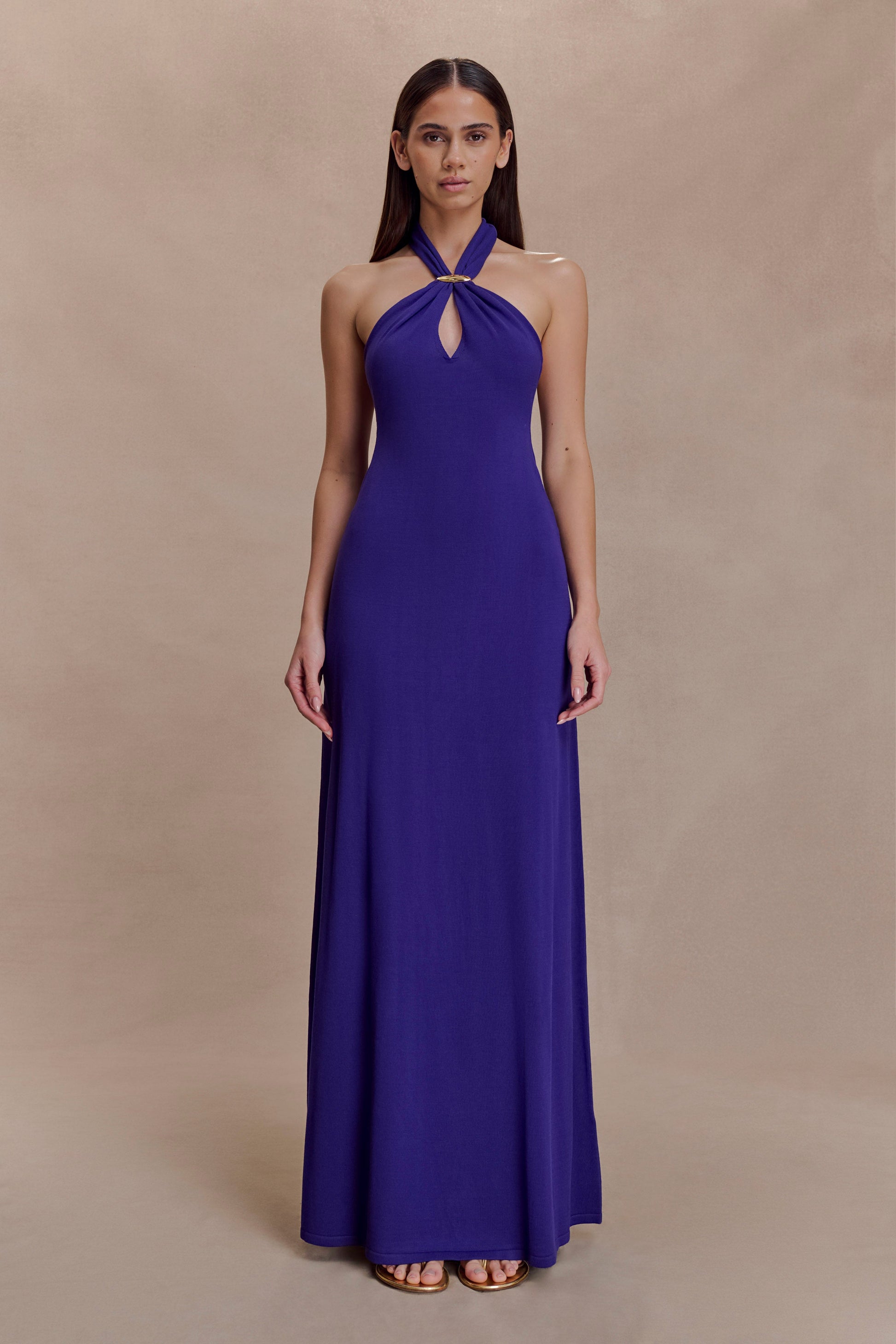Ozias Halter Semi Sheer Knit Maxi Dress / Deep Purple | Meshki | L Ozias Halter Semi Sheer Knit Maxi Dress / Deep Purple | Meshki | L