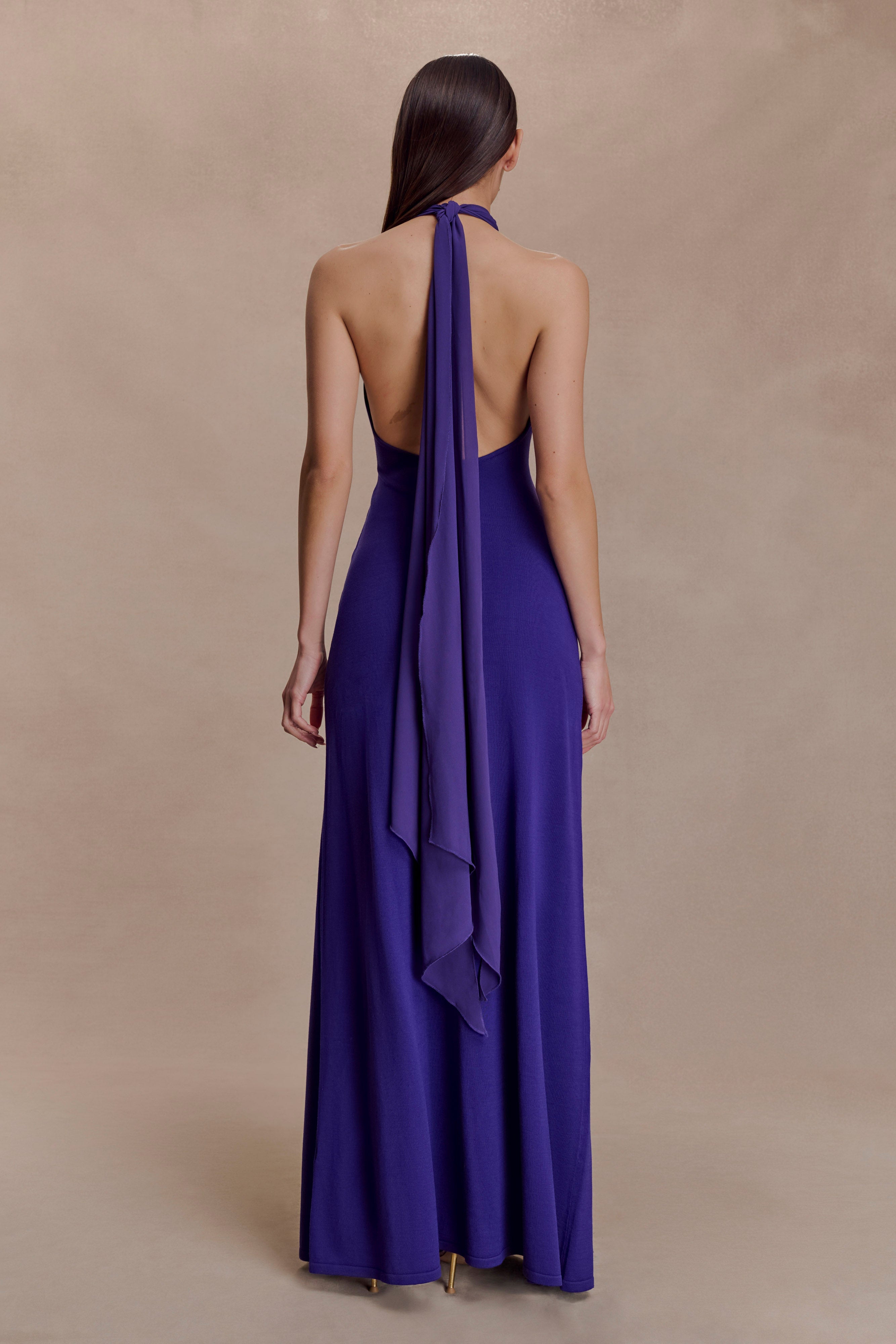 Ozias Halter Semi Sheer Knit Maxi Dress - Deep Purple | MESHKI US