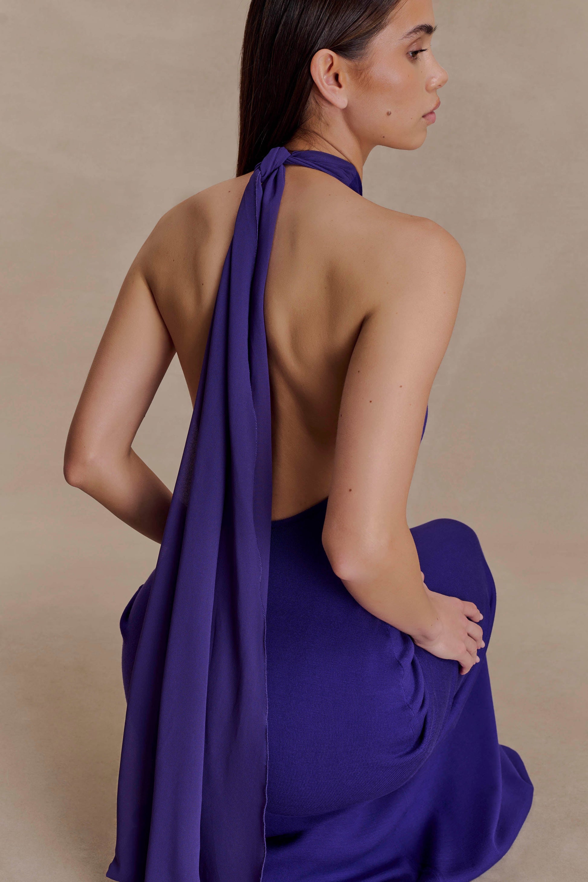 Ozias Halter Semi Sheer Knit Maxi Dress - Deep Purple | MESHKI US Ozias Halter Semi Sheer Knit Maxi Dress - Deep Purple | MESHKI US