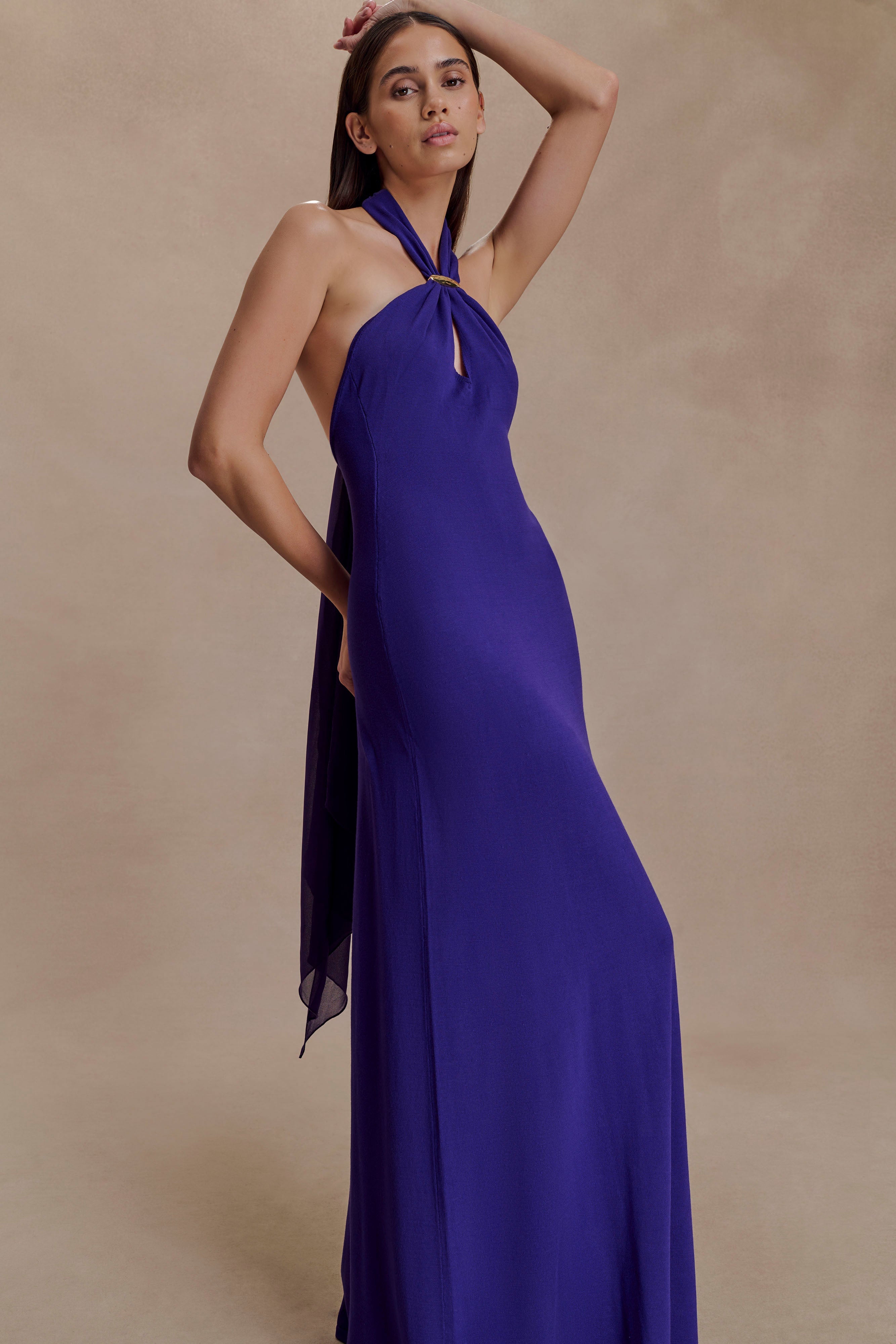 Ozias Halter Semi Sheer Knit Maxi Dress - Deep Purple | MESHKI US