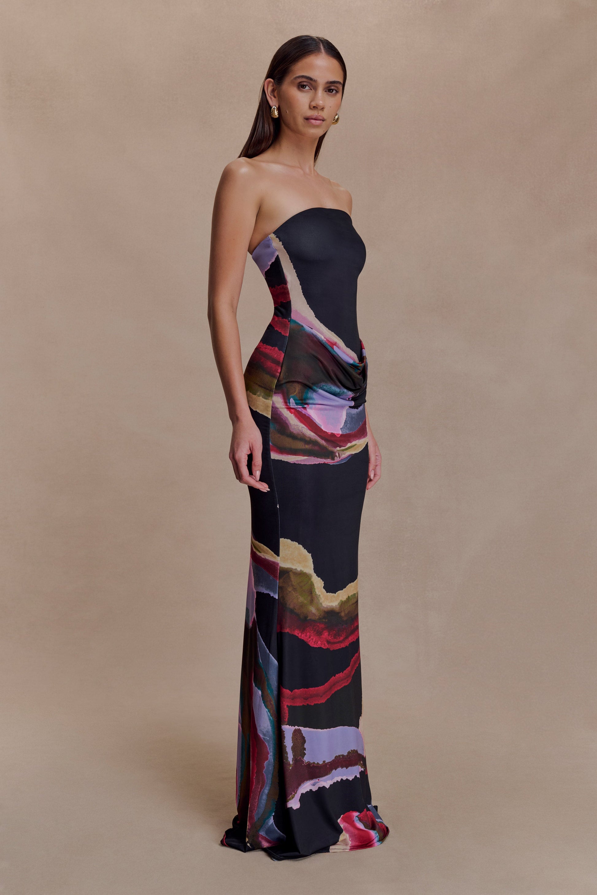 Madison Strapless Slinky Maxi Dress - Multi Fluid Reverie Print XXS Madison Strapless Slinky Maxi Dress - Multi Fluid Reverie Print XXS
