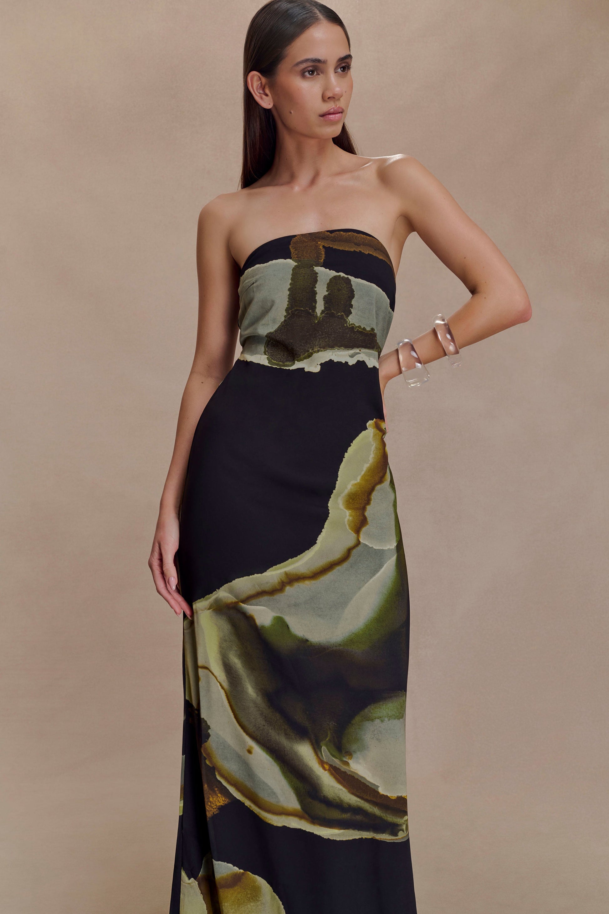 Amaya Strapless Chiffon Maxi Dress / Green Fluid Reverie Print | MESHKI | S Amaya Strapless Chiffon Maxi Dress / Green Fluid Reverie Print | MESHKI | S