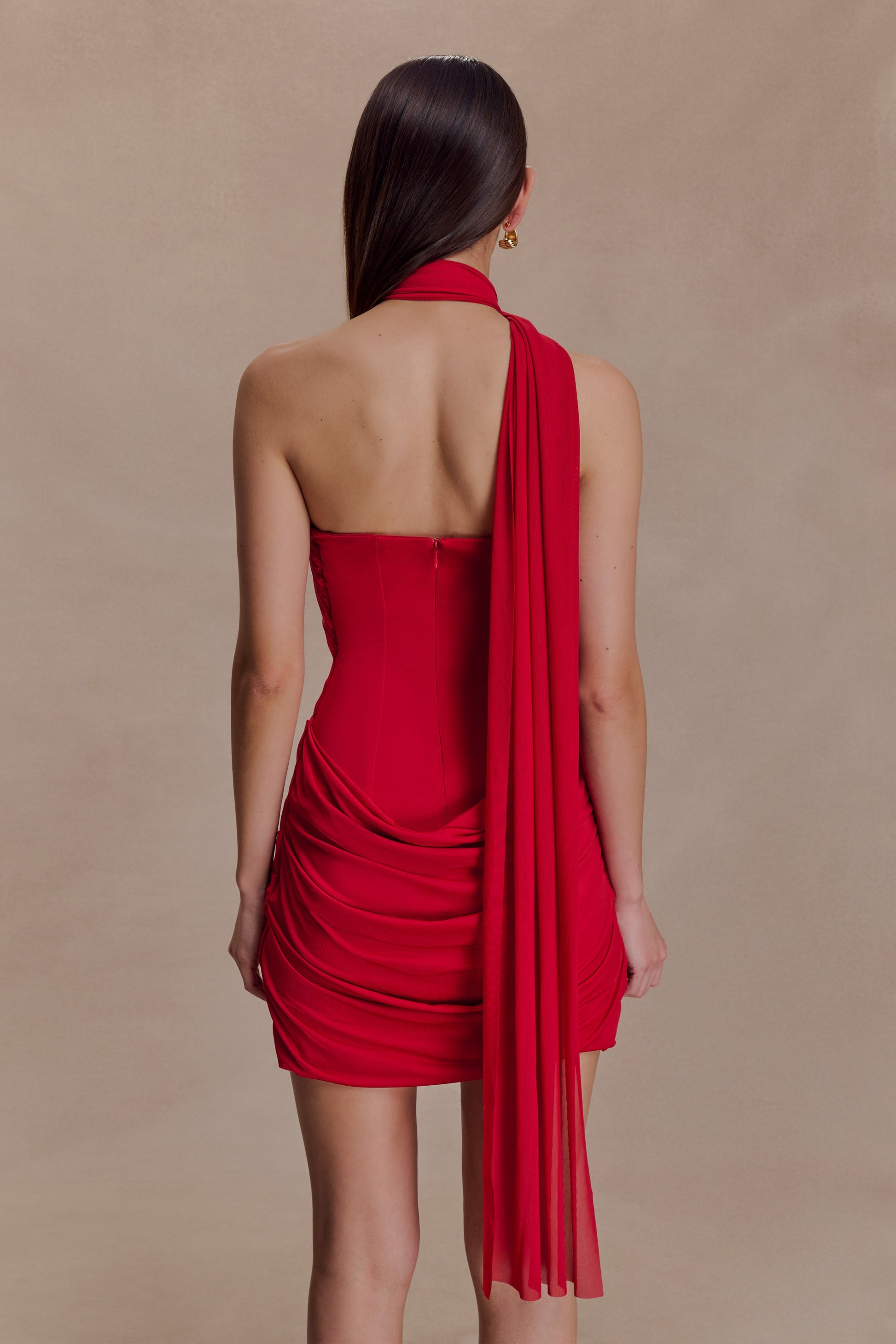 Mattea Slinky And Mesh Mini Dress With Scarf / Red | MESHKI | S Mattea Slinky And Mesh Mini Dress With Scarf / Red | MESHKI | S