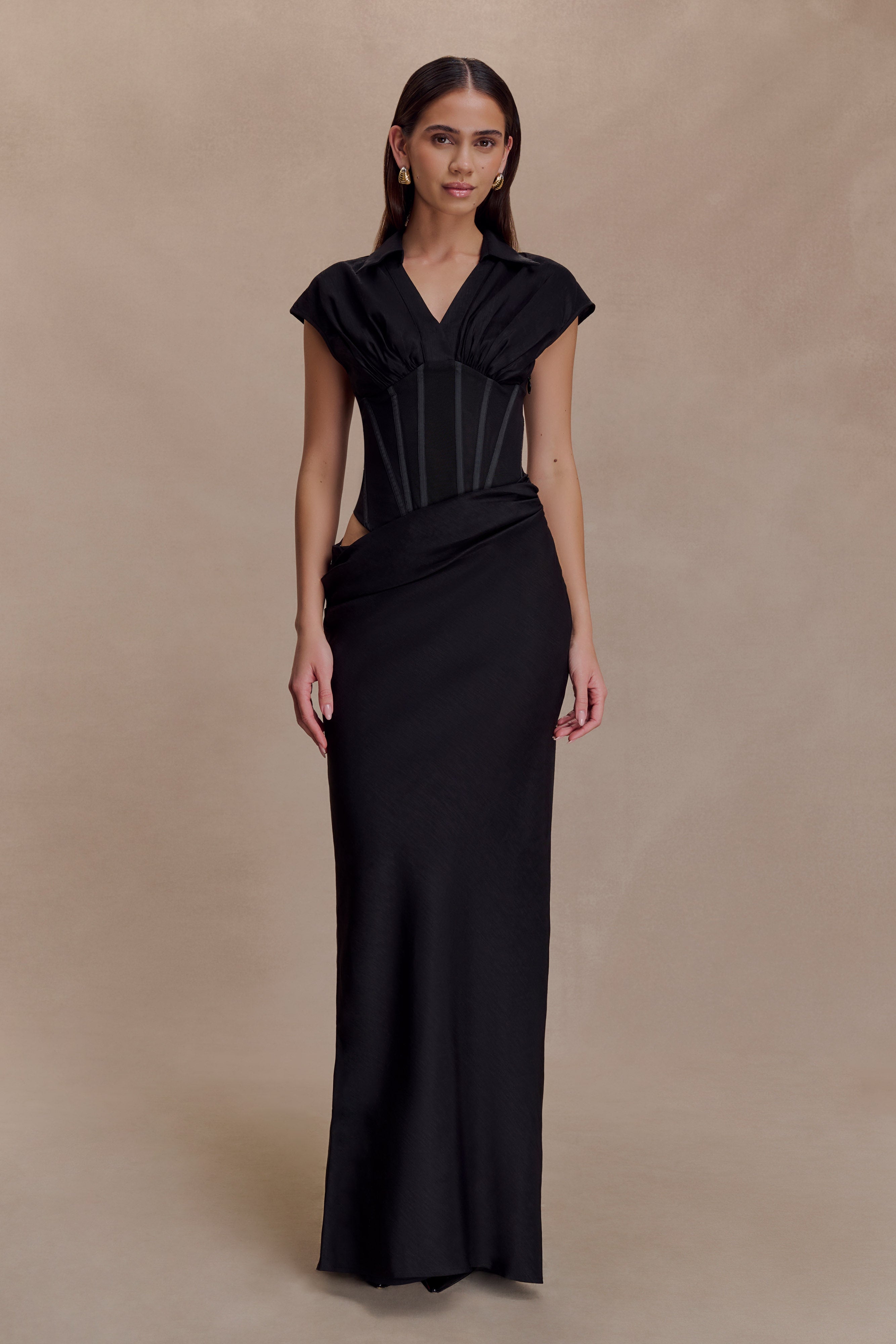 Saphira Shirt Corset Maxi Dress - Black | MESHKI US