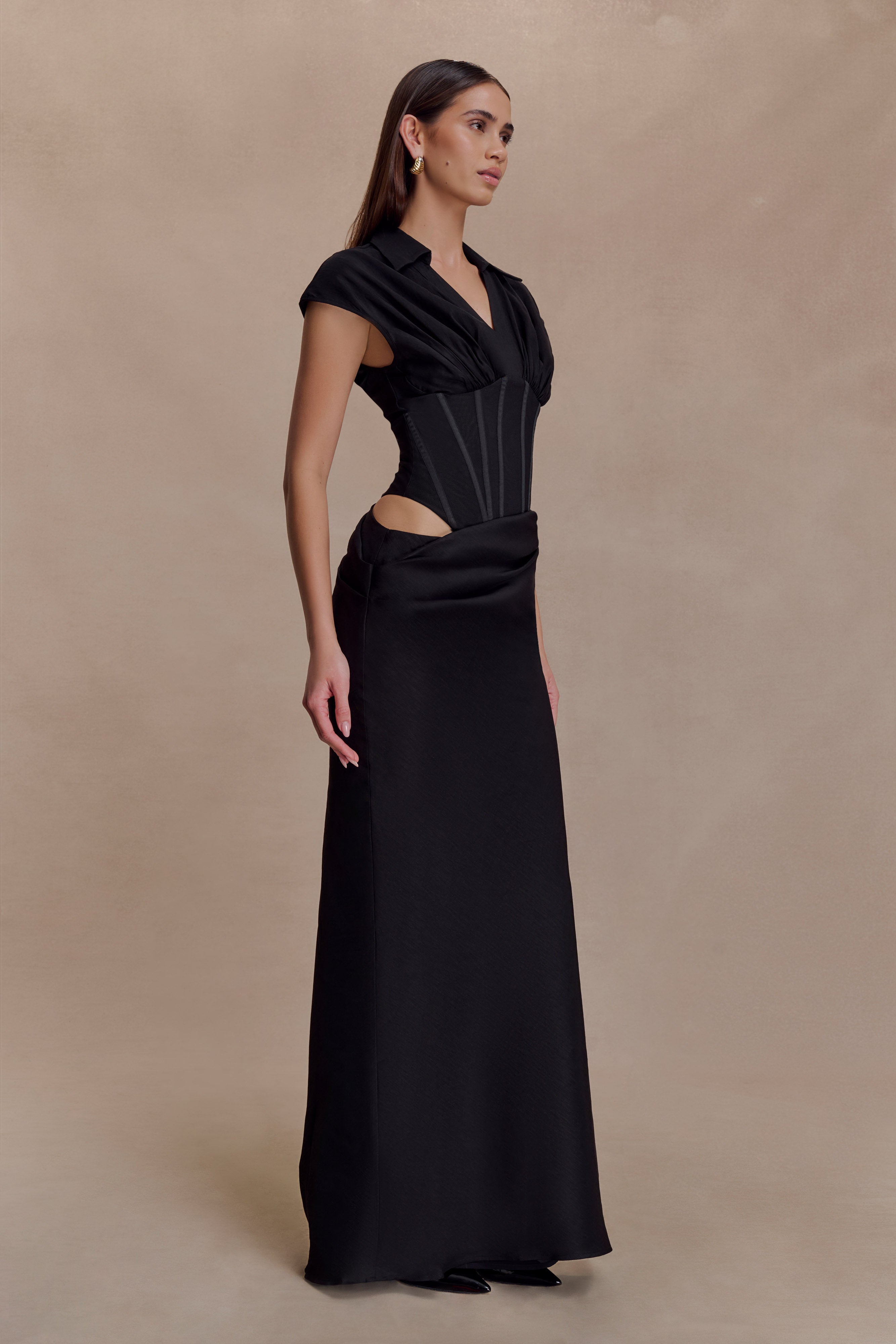 Saphira Shirt Corset Maxi Dress - Black | MESHKI US