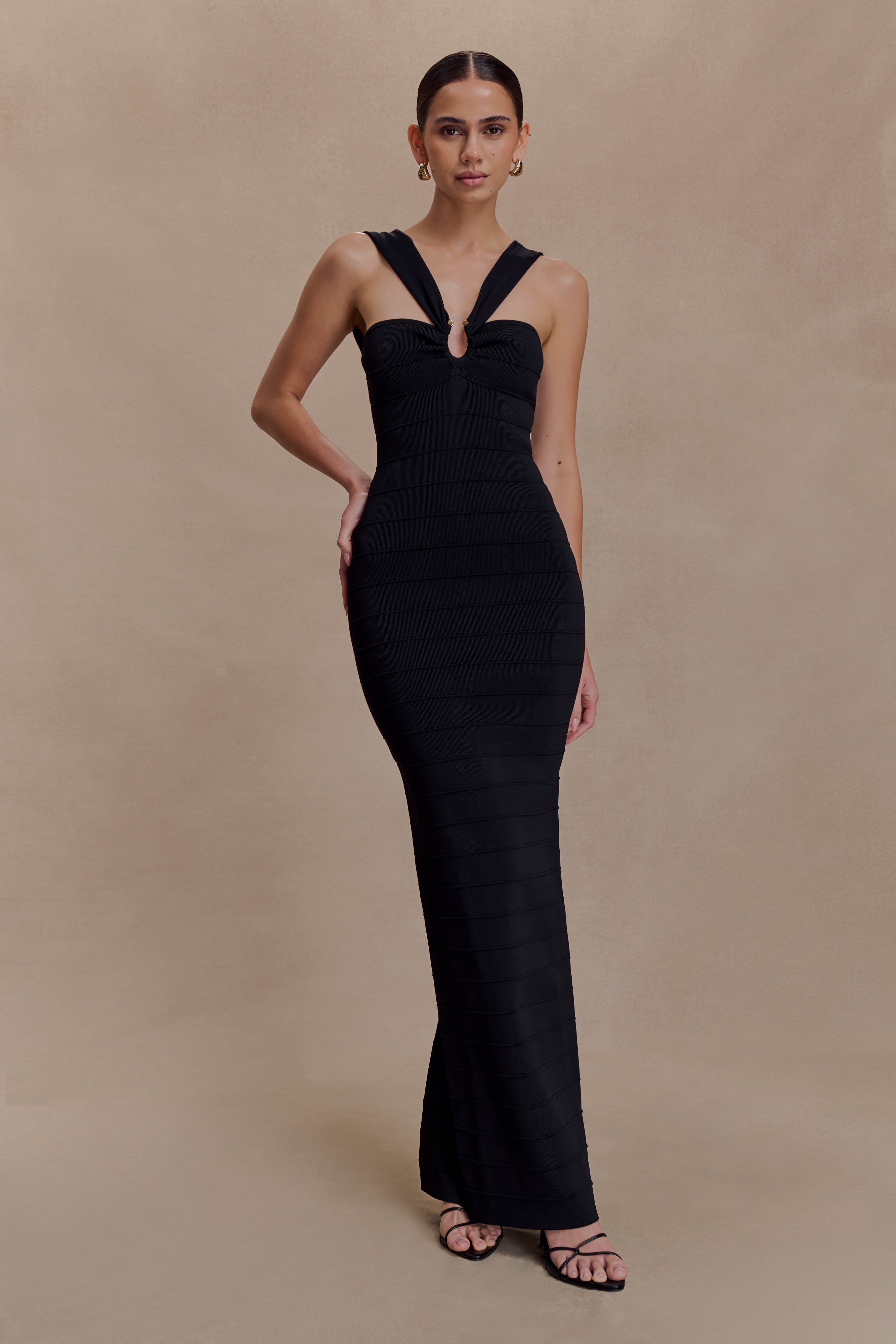 Jaylen Bandage Knit Maxi Dress - Black | MESHKI US
