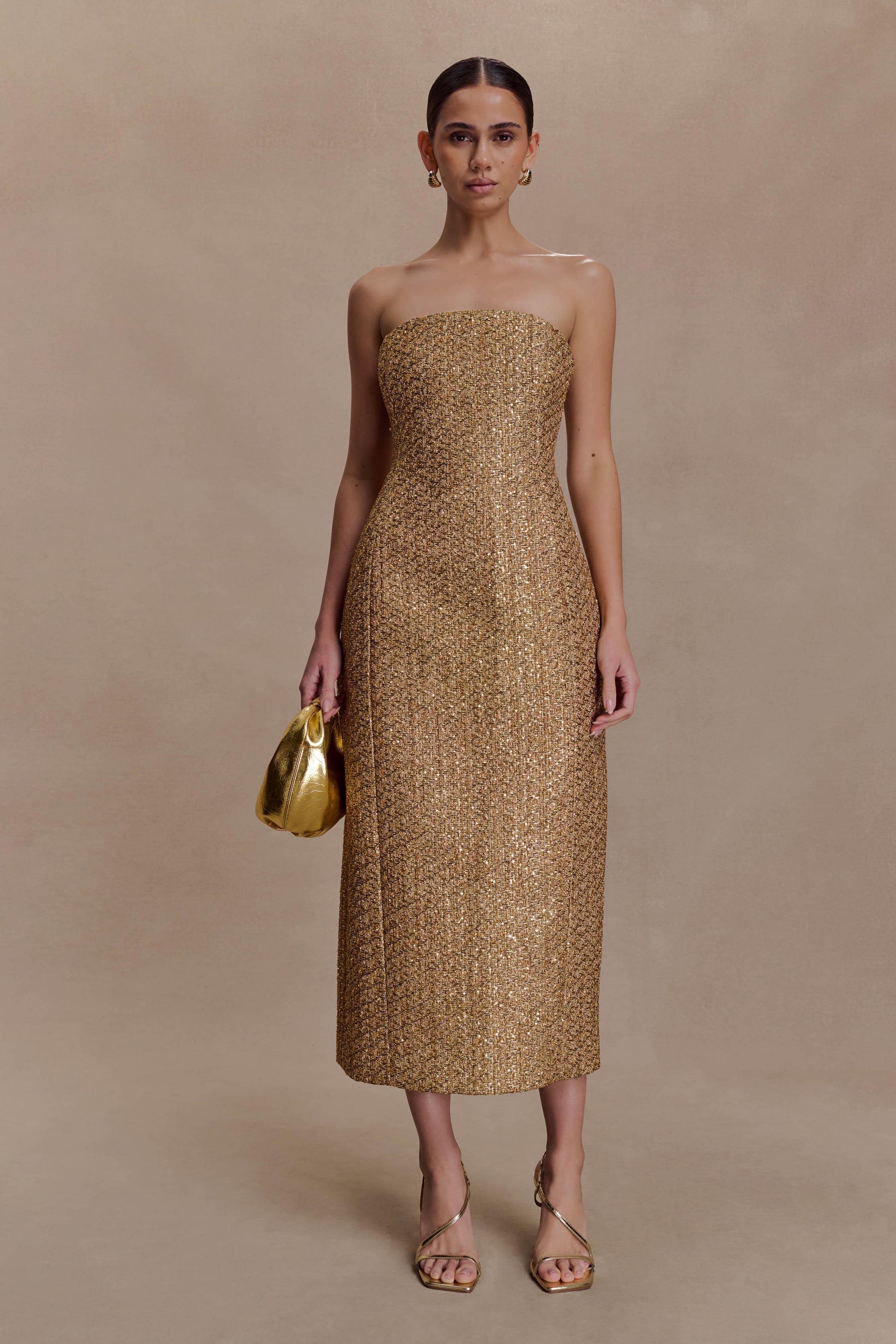 Gala Strapless Tweed Midi Dress - Gold #2