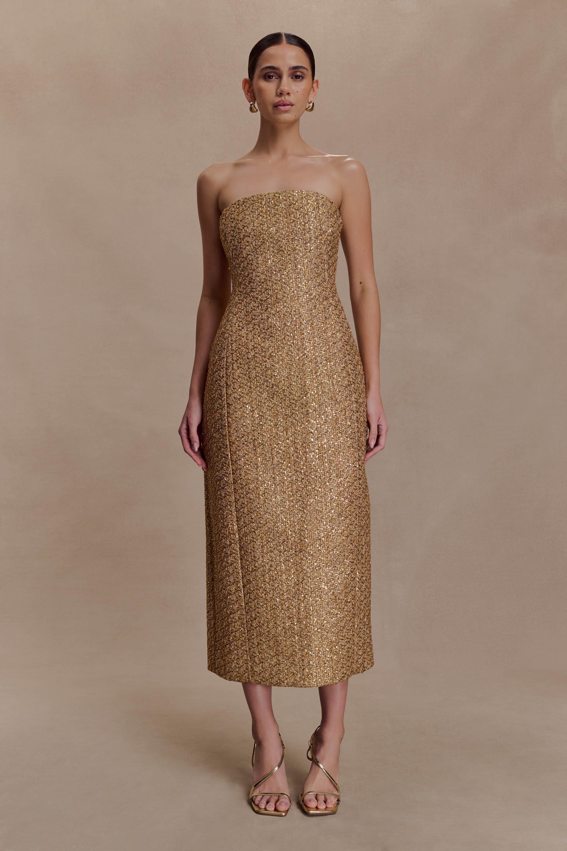 Gala Strapless Tweed Midi Dress - Gold | MESHKI US Gala Strapless Tweed Midi Dress - Gold | MESHKI US