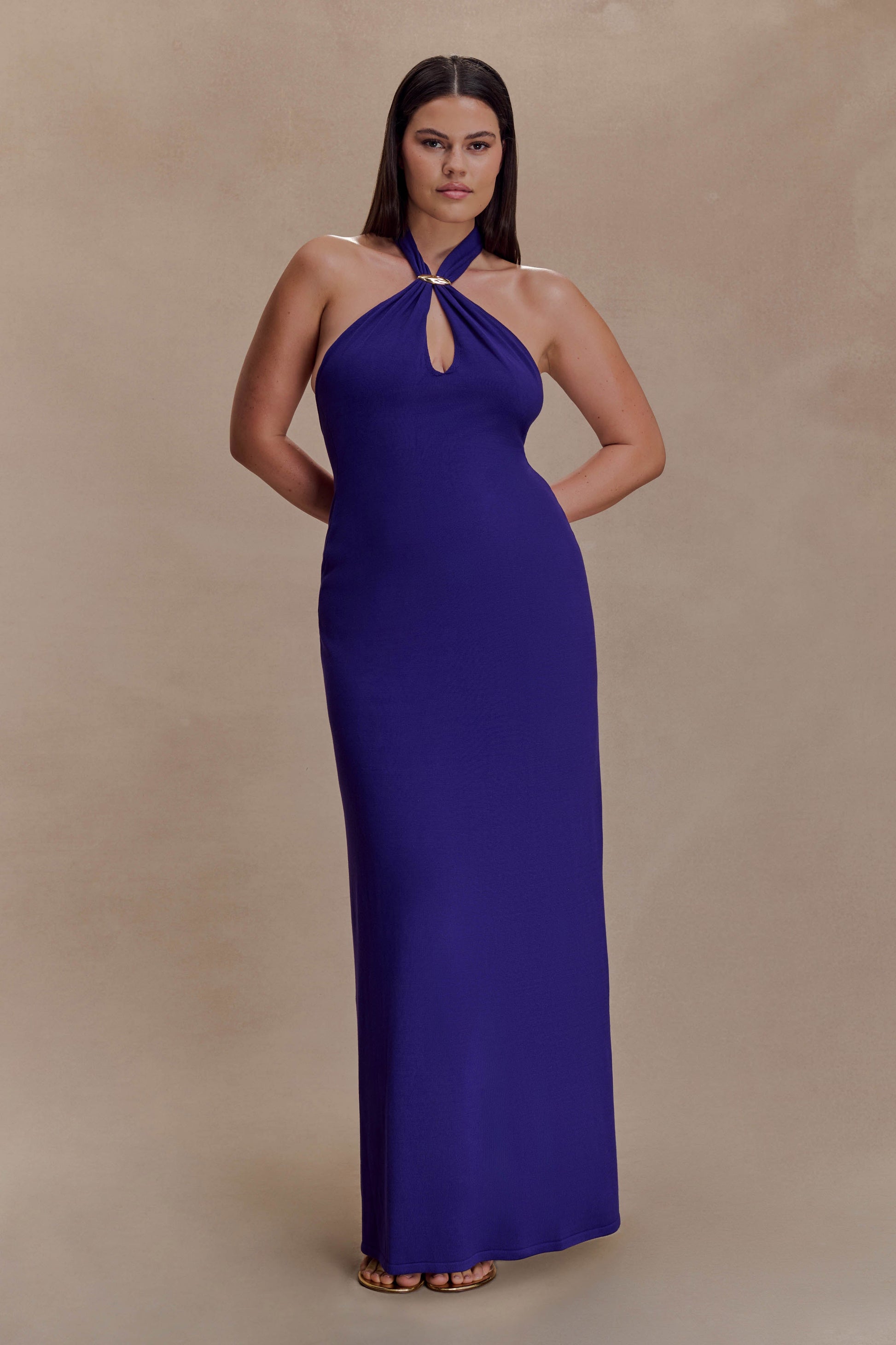 Ozias Halter Semi Sheer Knit Maxi Dress - Deep Purple | MESHKI US Ozias Halter Semi Sheer Knit Maxi Dress - Deep Purple | MESHKI US