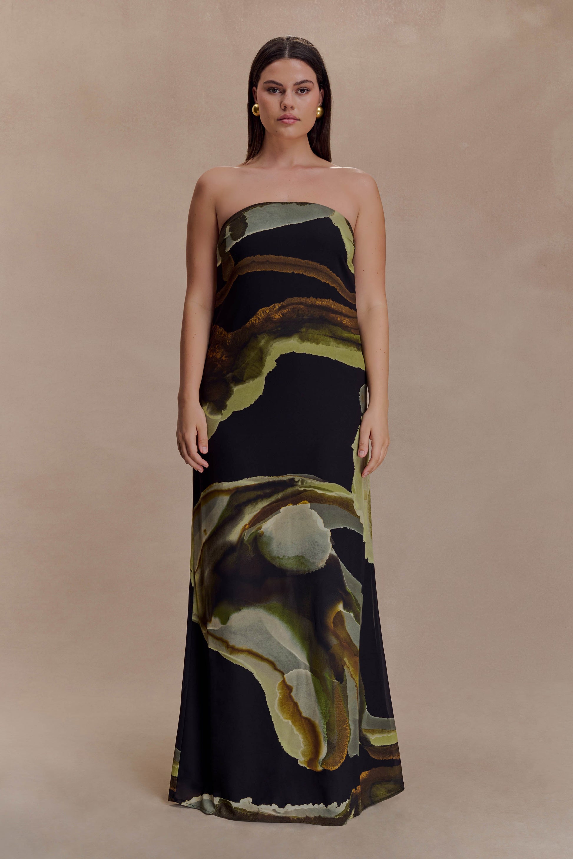 Amaya Strapless Chiffon Maxi Dress / Green Fluid Reverie Print | MESHKI