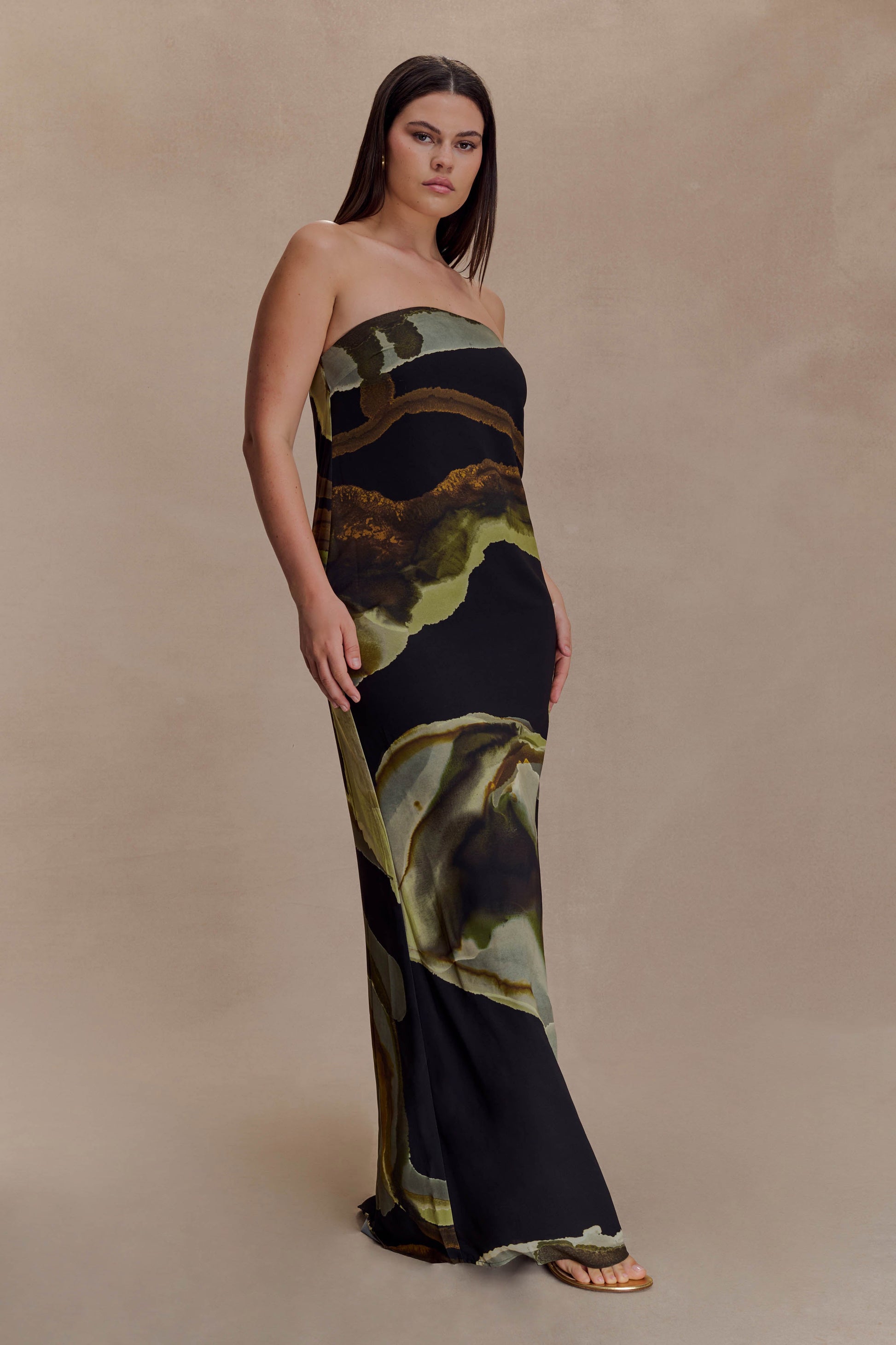 Amaya Strapless Chiffon Maxi Dress - Green Fluid Reverie Print | MESHKI US Amaya Strapless Chiffon Maxi Dress - Green Fluid Reverie Print | MESHKI US