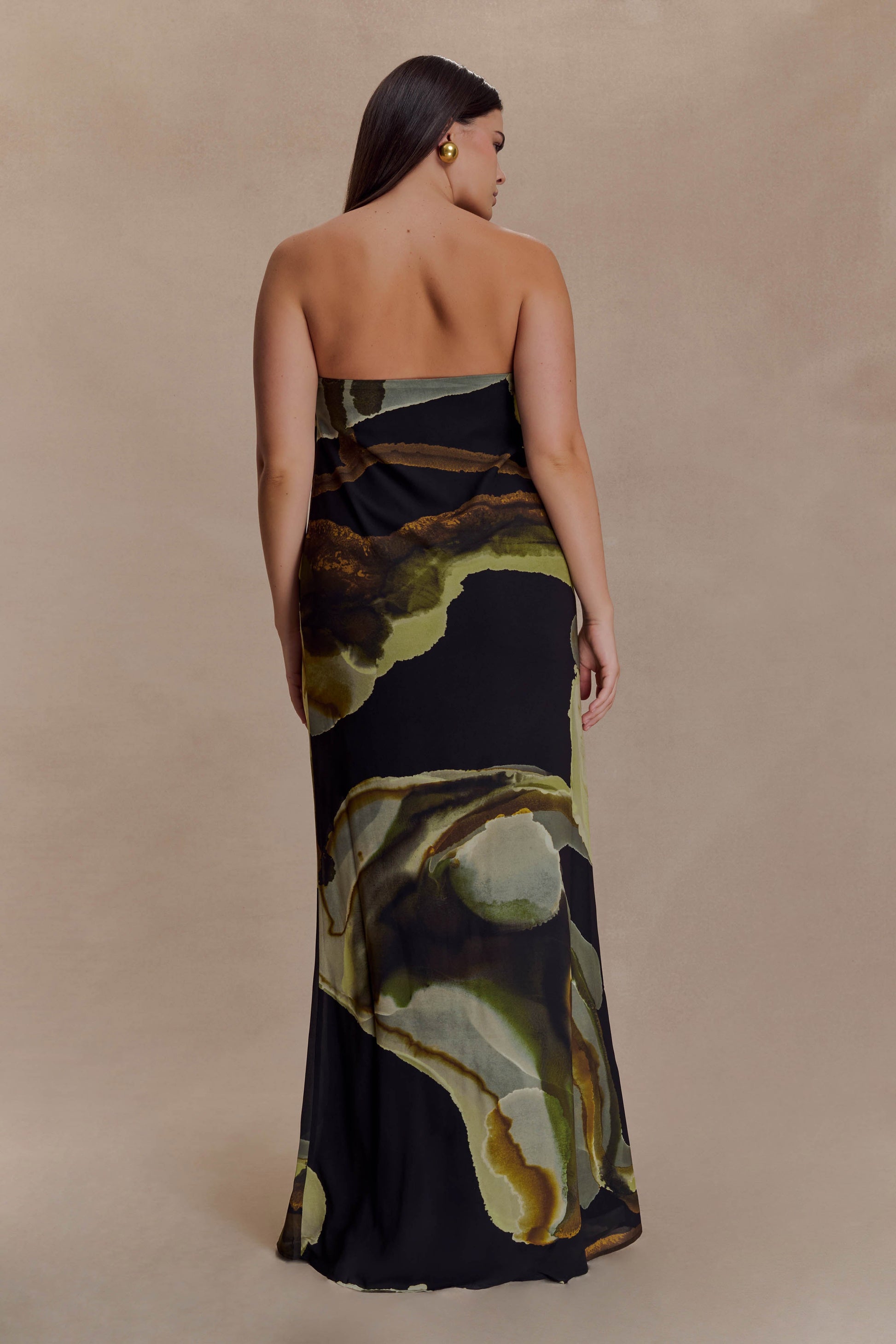 Amaya Strapless Chiffon Maxi Dress / Green Fluid Reverie Print | MESHKI | S Amaya Strapless Chiffon Maxi Dress / Green Fluid Reverie Print | MESHKI | S