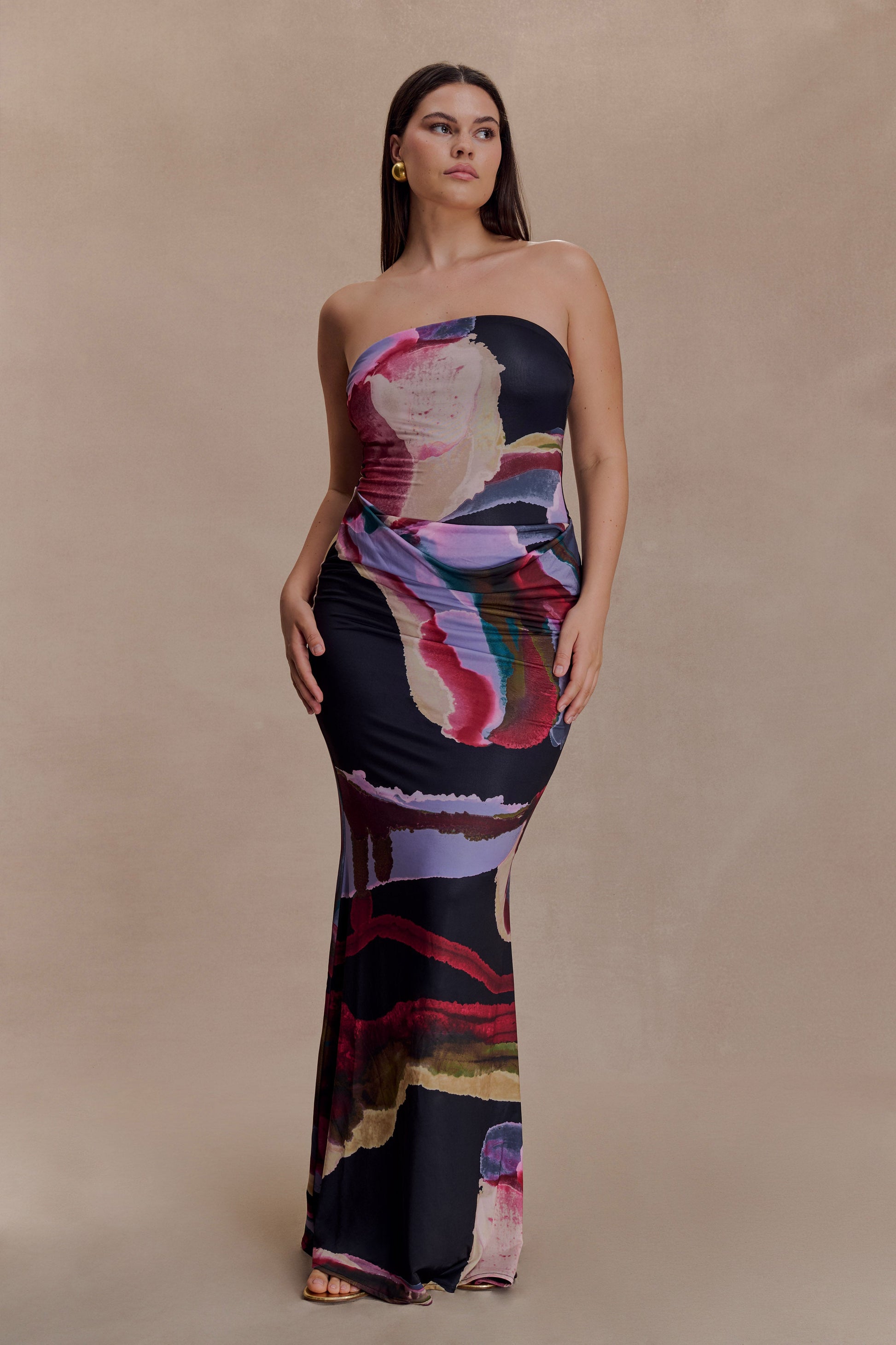 Madison Strapless Slinky Maxi Dress - Multi Fluid Reverie Print #9