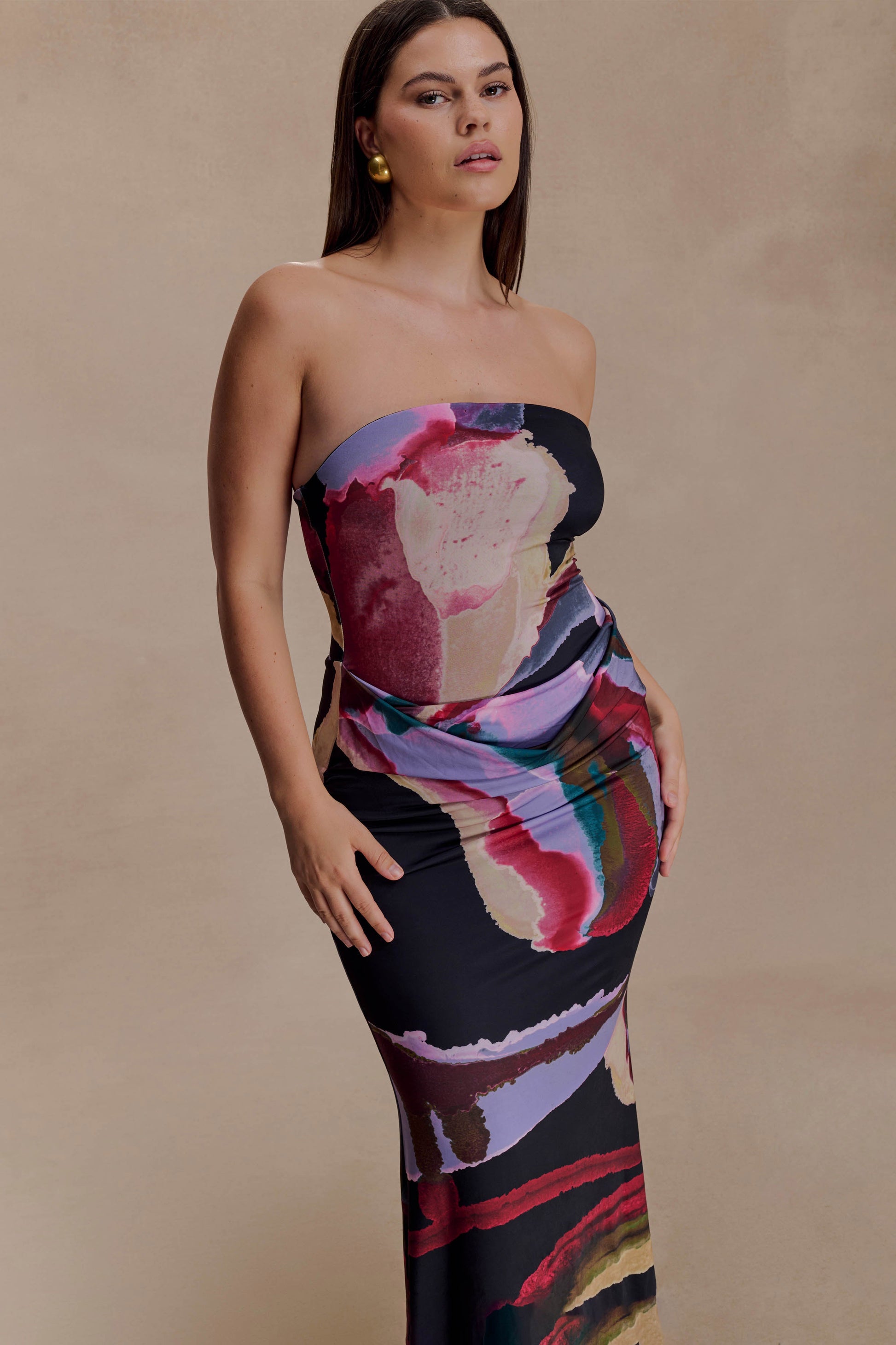 Madison Strapless Slinky Maxi Dress - Multi Fluid Reverie Print XXS Madison Strapless Slinky Maxi Dress - Multi Fluid Reverie Print XXS