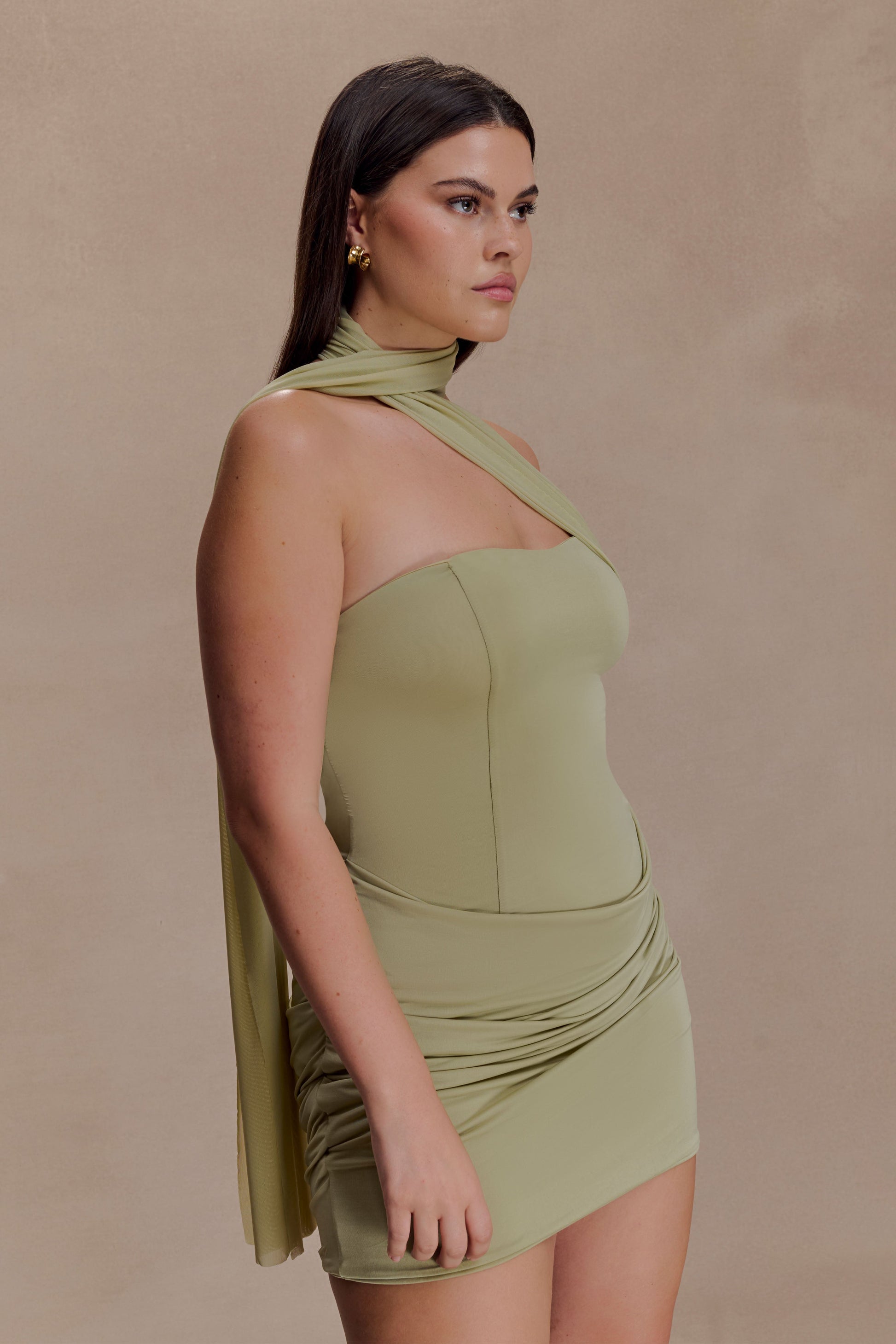 Mattea Slinky And Mesh Mini Dress With Scarf - Sage #4