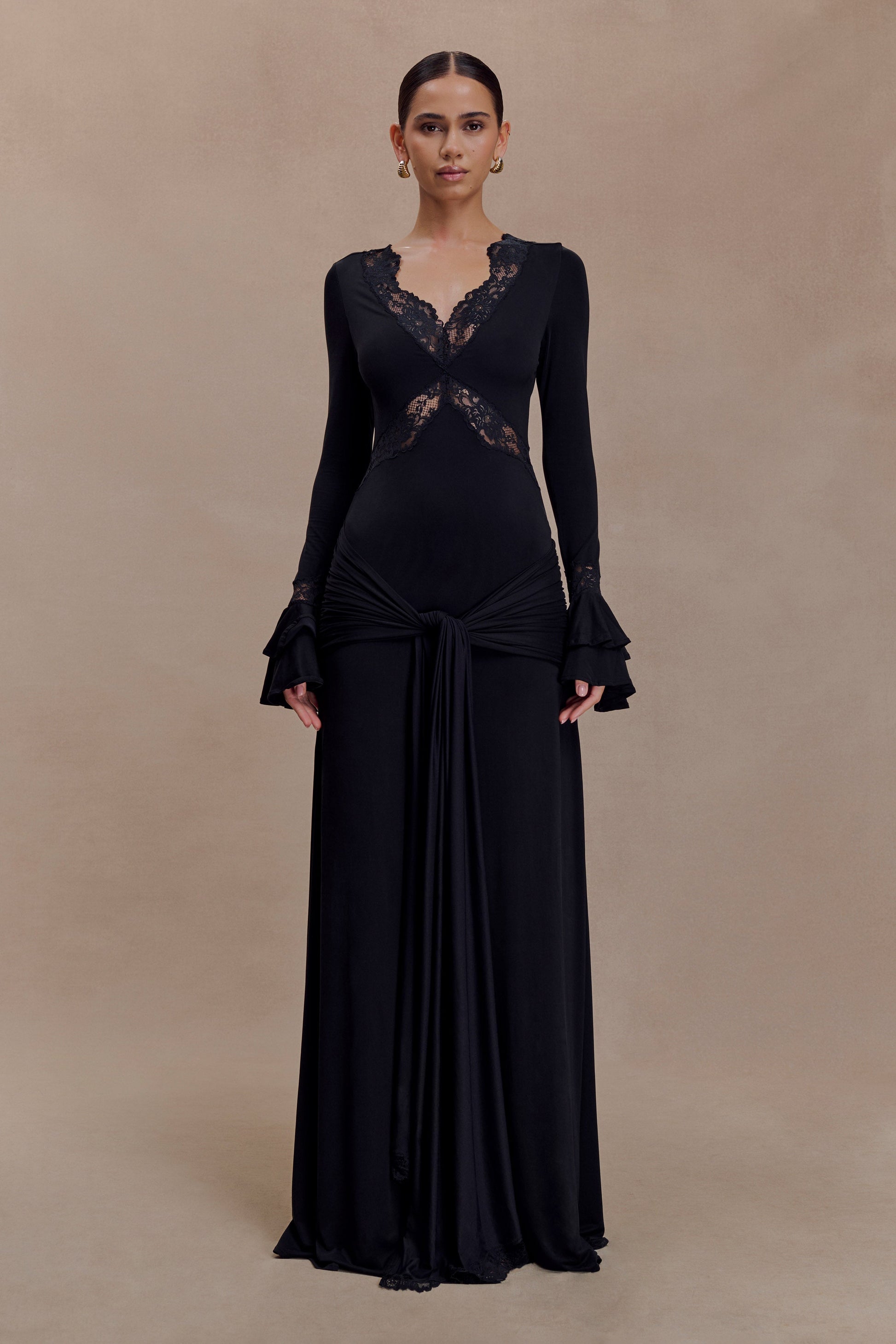 Electra Slinky Lace Maxi Dress / Black | MESHKI