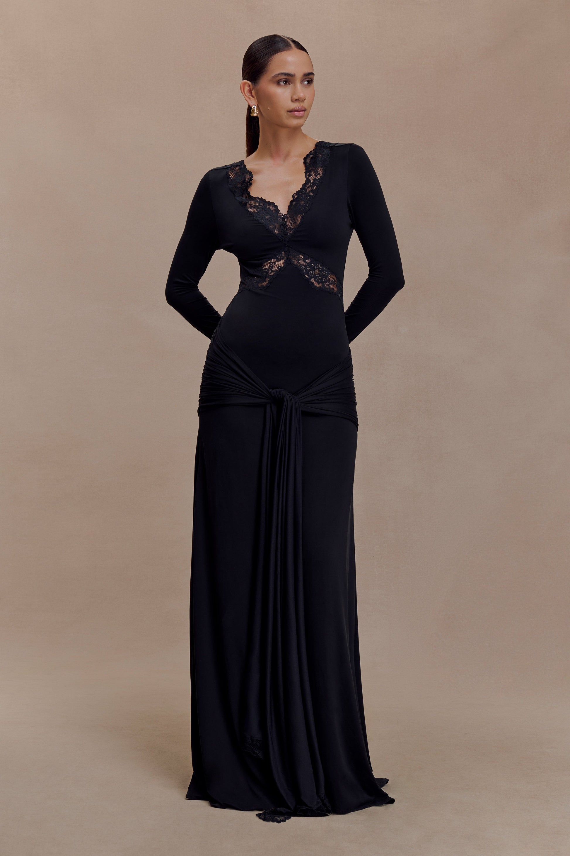 Electra Slinky Lace Maxi Dress / Black | MESHKI
