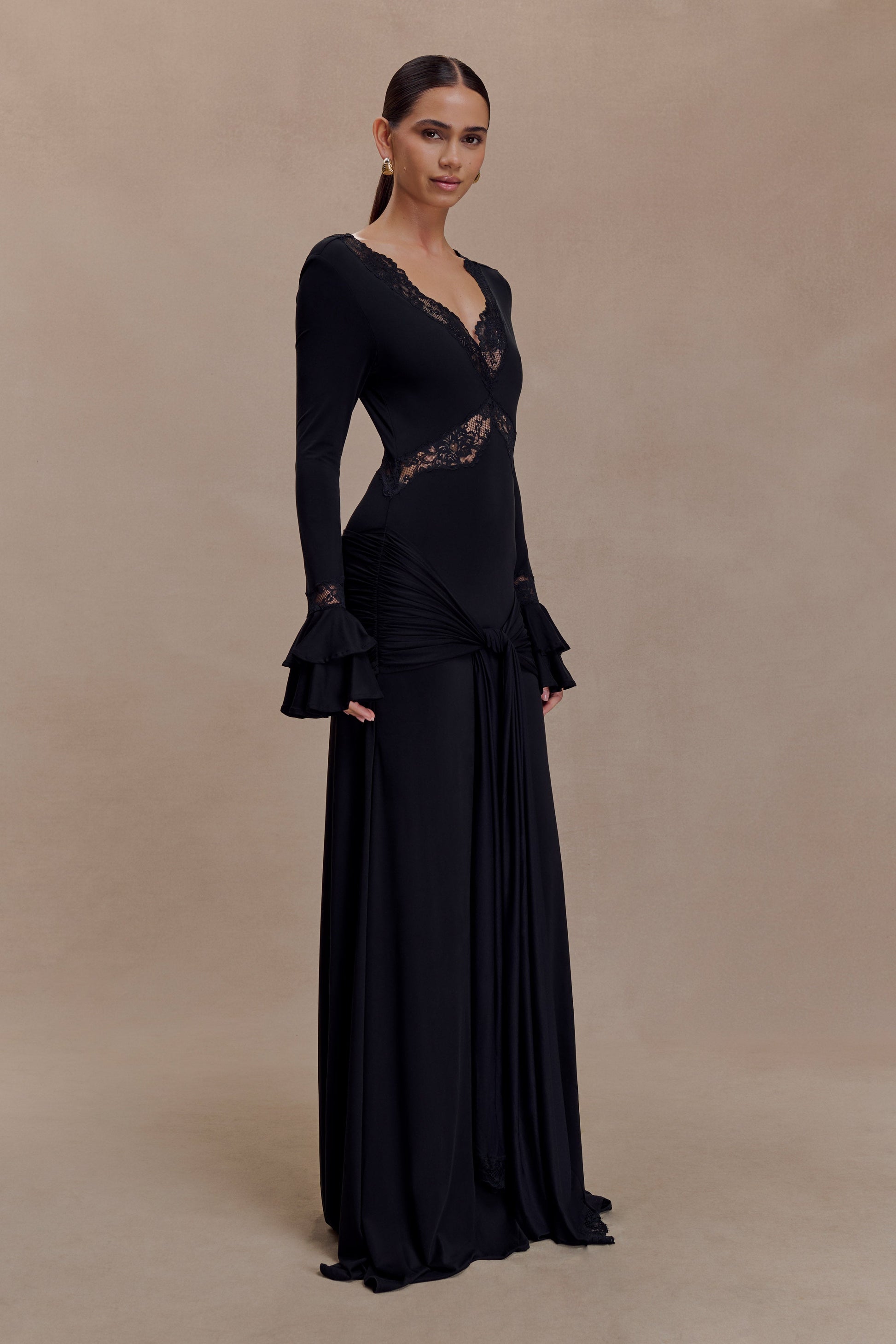 Electra Slinky Lace Maxi Dress / Black | MESHKI
