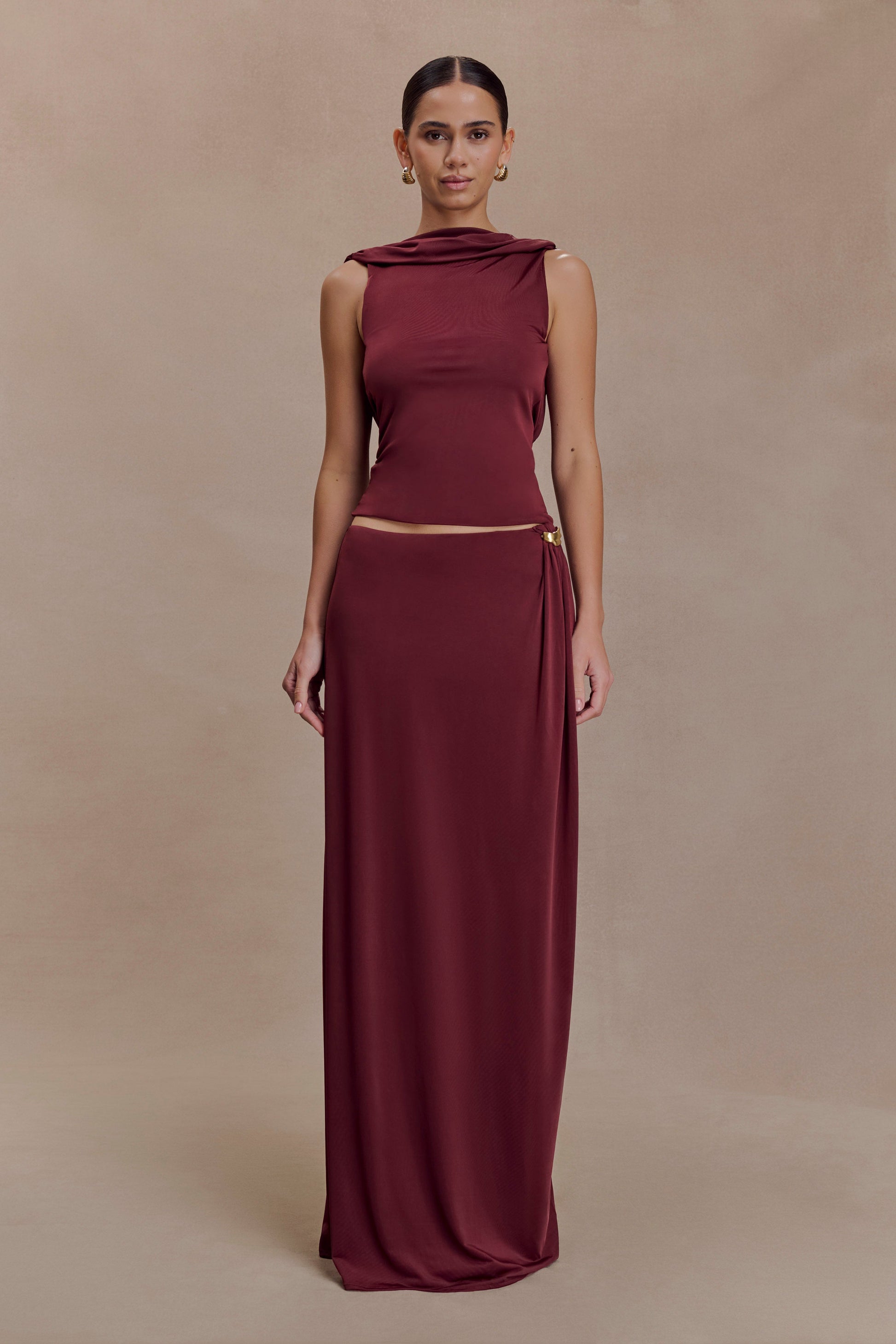 Bridget Slinky Maxi Skirt With Hardware / Burgundy | MESHKI