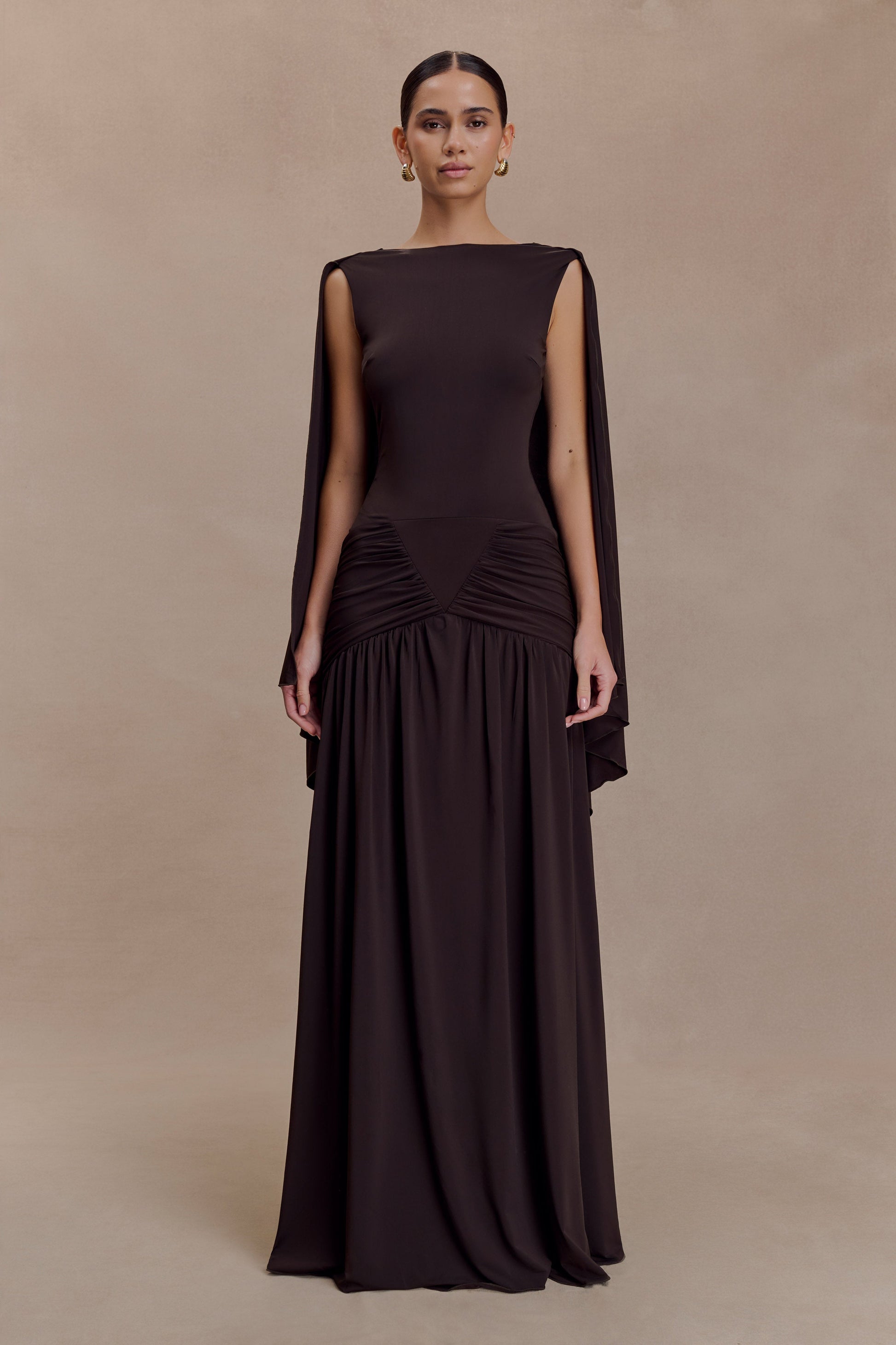 Emory Jersey Cape Maxi Dress - Chocolate