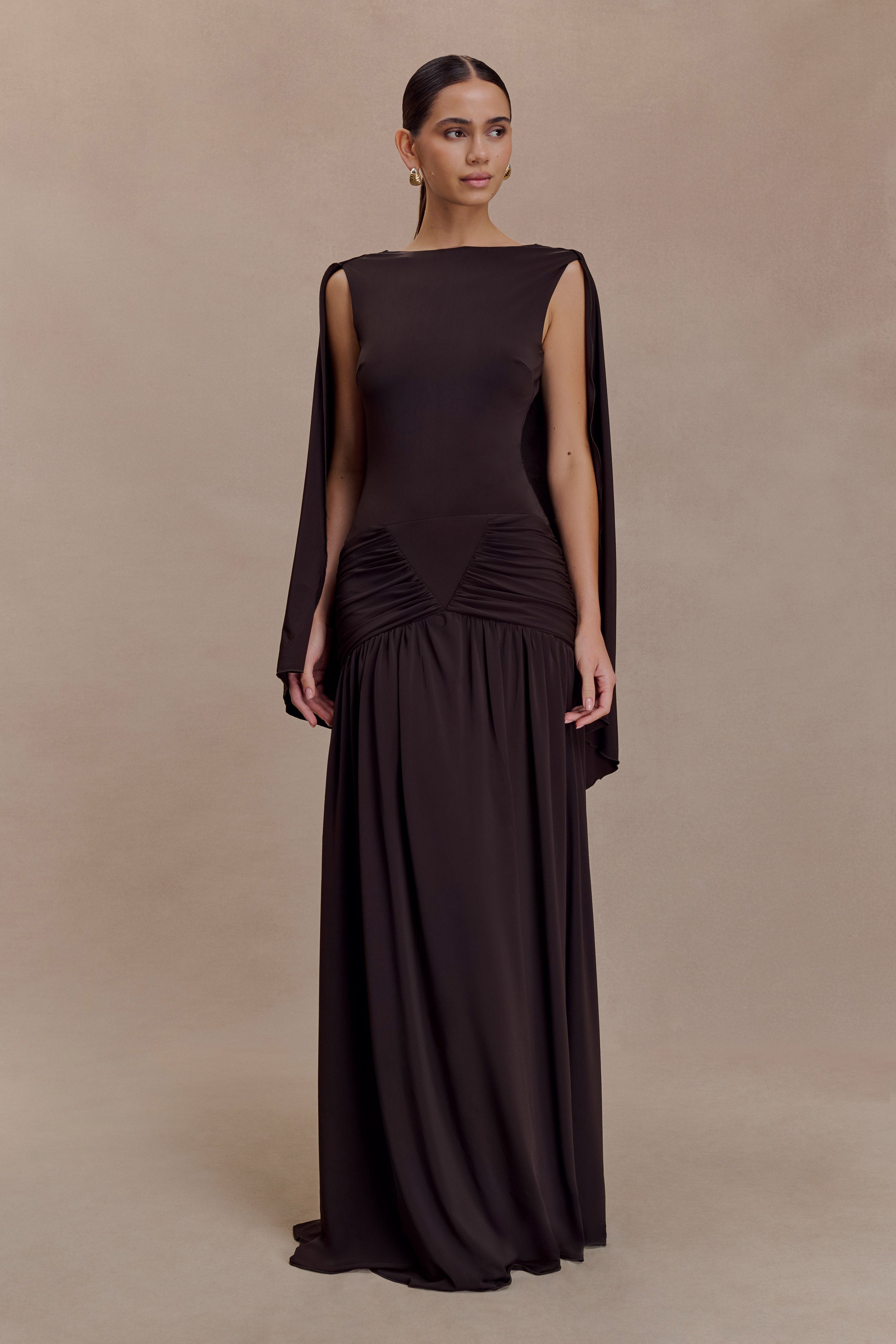 Emory Jersey Cape Maxi Dress - Chocolate | MESHKI US