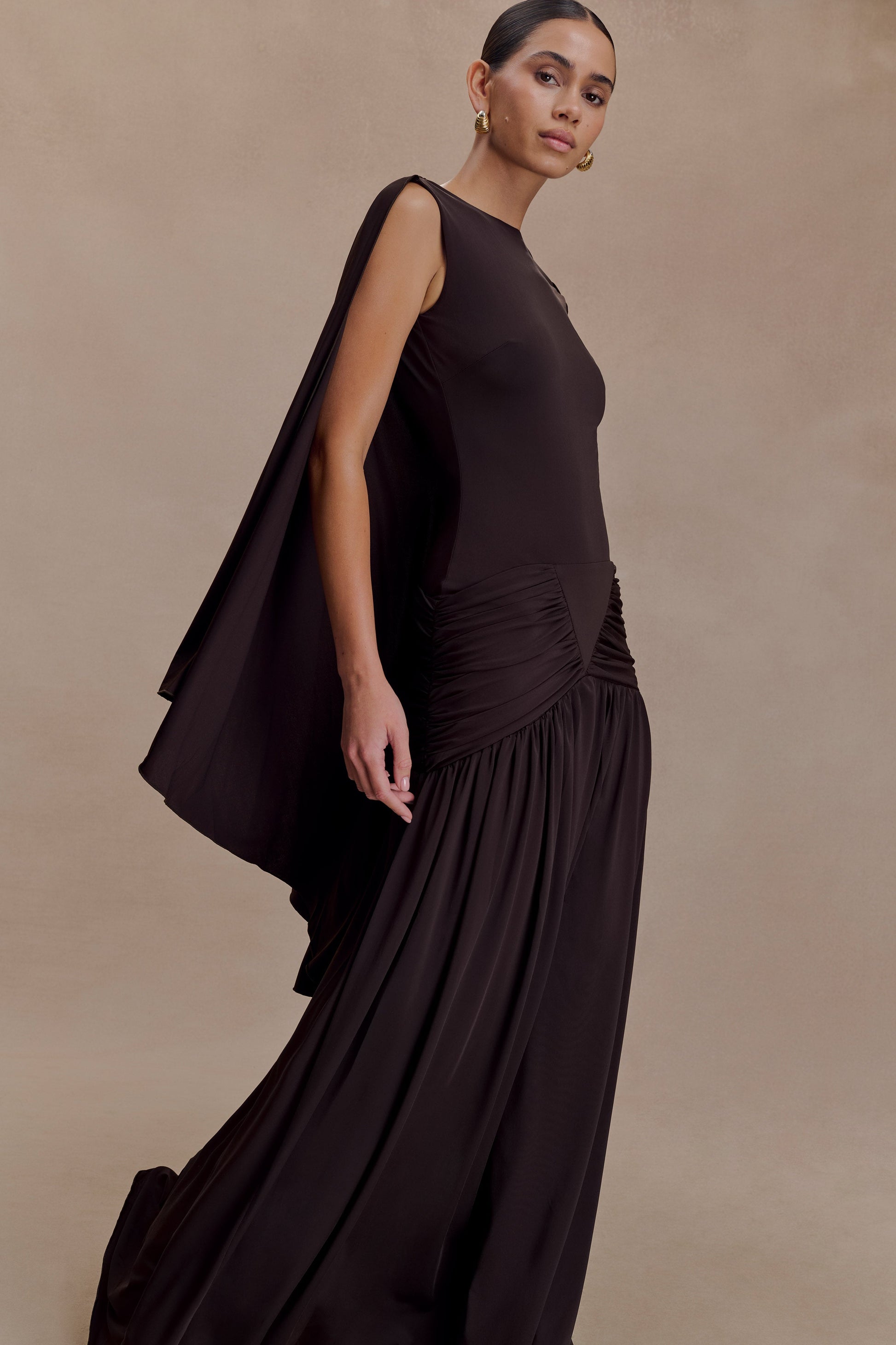 Emory Jersey Cape Maxi Dress / Chocolate | MESHKI