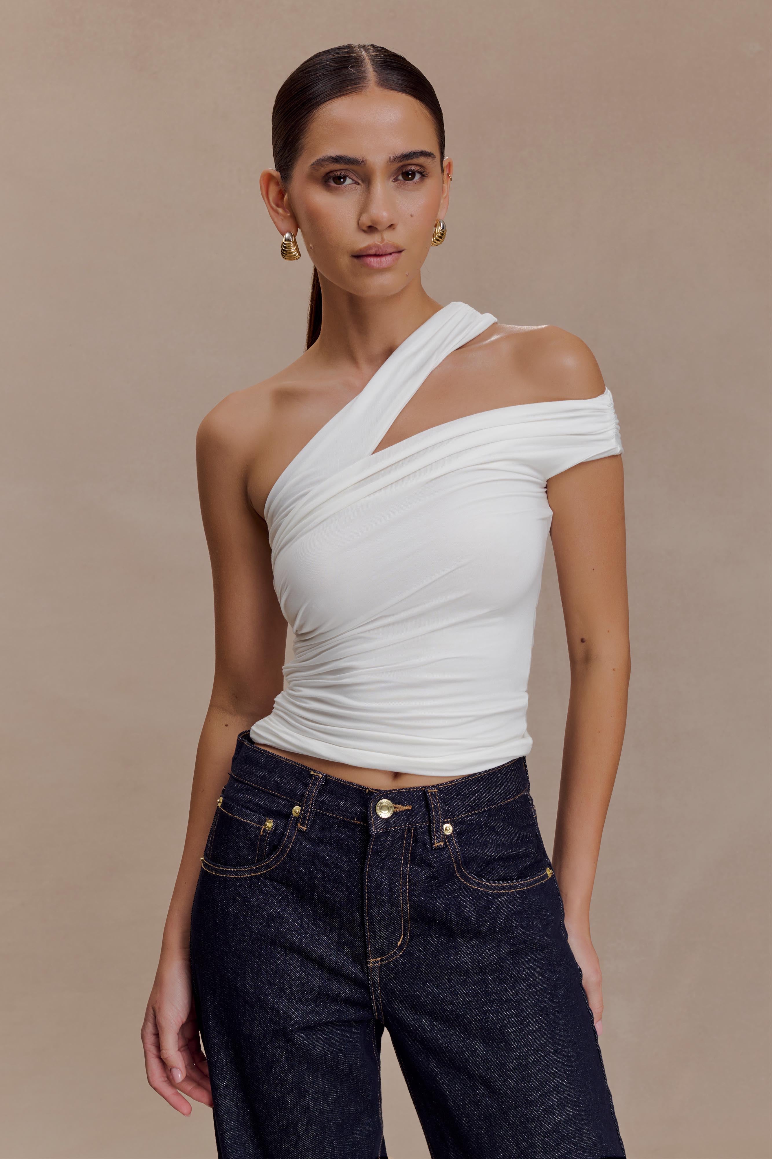 Anna One Shoulder Modal Top - White | MESHKI US