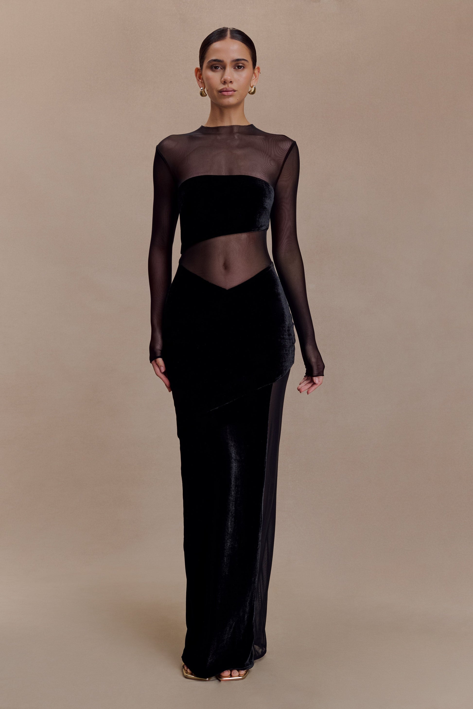Davina Velvet And Mesh Maxi Dress / Black | MESHKI