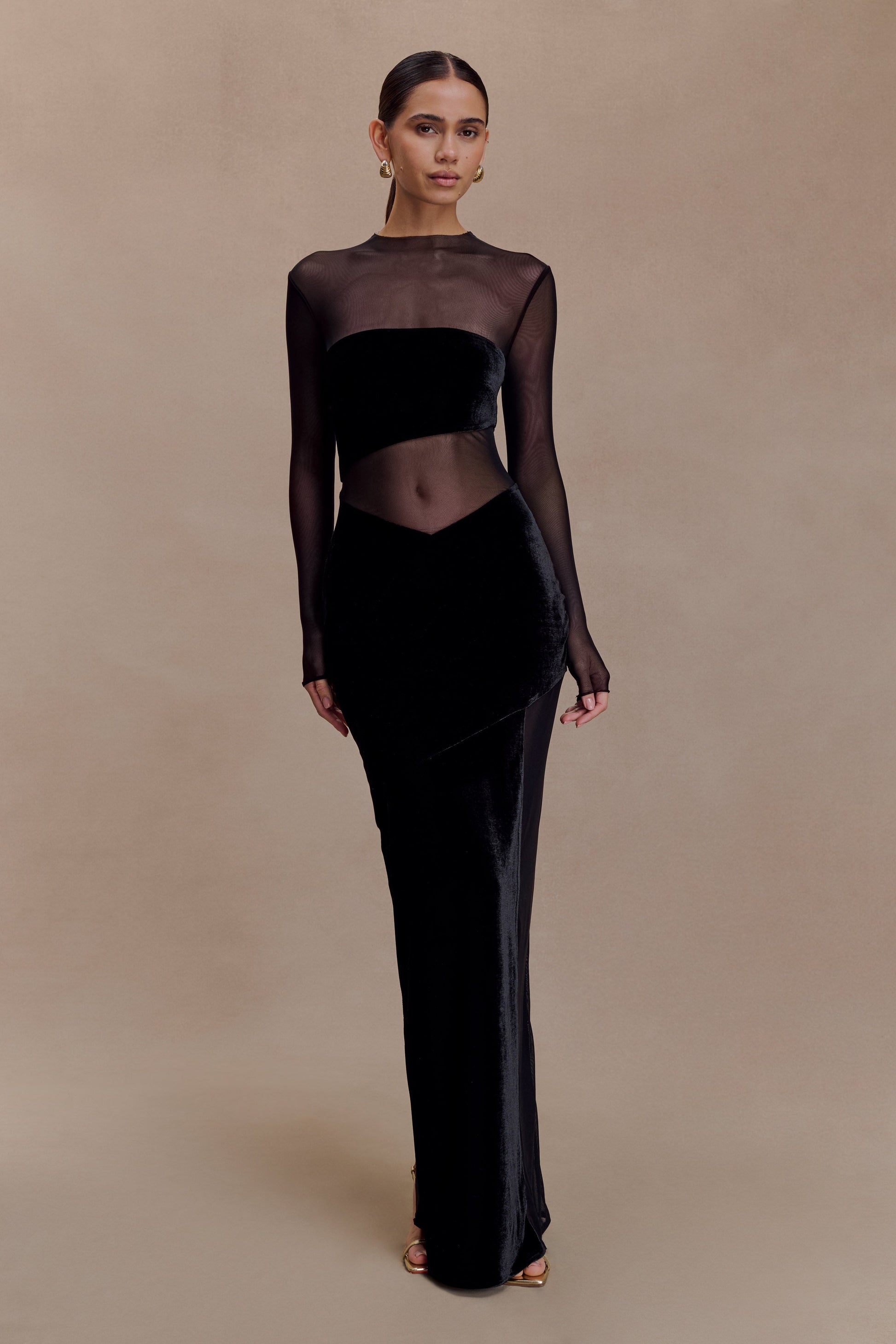 Davina Velvet And Mesh Maxi Dress - Black | MESHKI US Davina Velvet And Mesh Maxi Dress - Black | MESHKI US