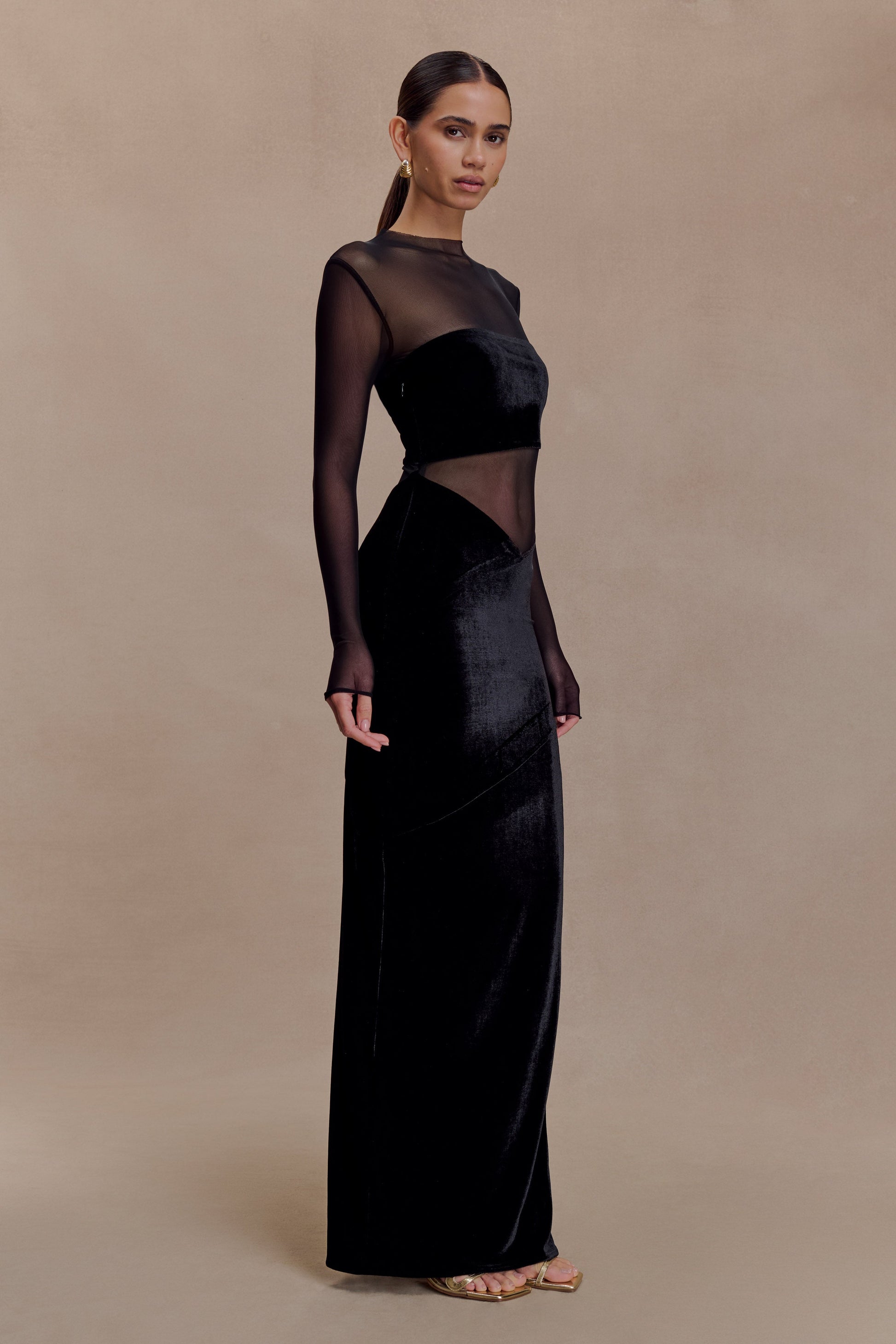 Davina Velvet And Mesh Maxi Dress - Black | MESHKI US Davina Velvet And Mesh Maxi Dress - Black | MESHKI US